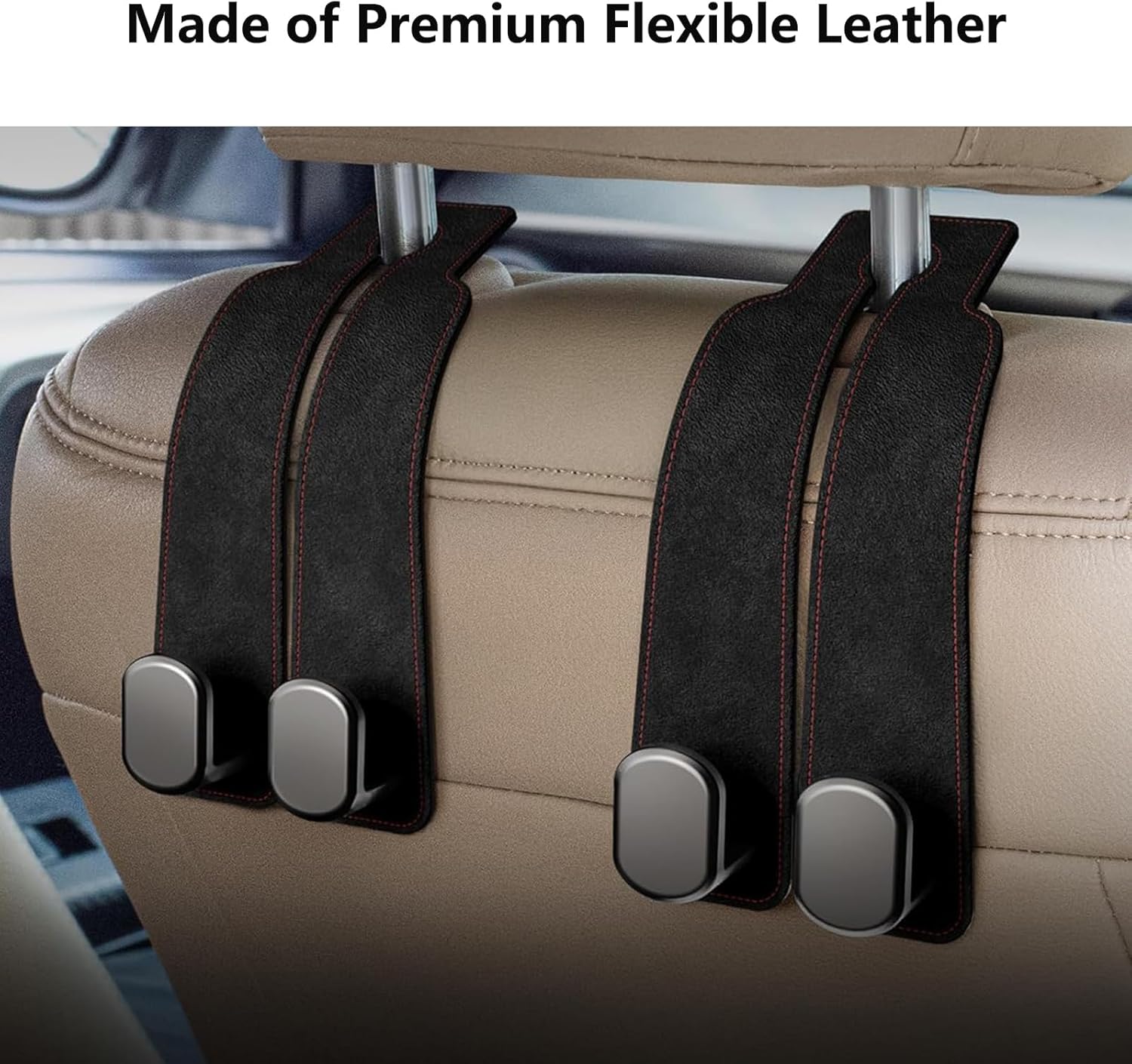 2 Pack Car Hooks for Headrest, Headrest Hooks Car Purse Hook Car Seat Back Storage Hook Premium Leather Car Seat Holder for Headrest Purses and Bags Black