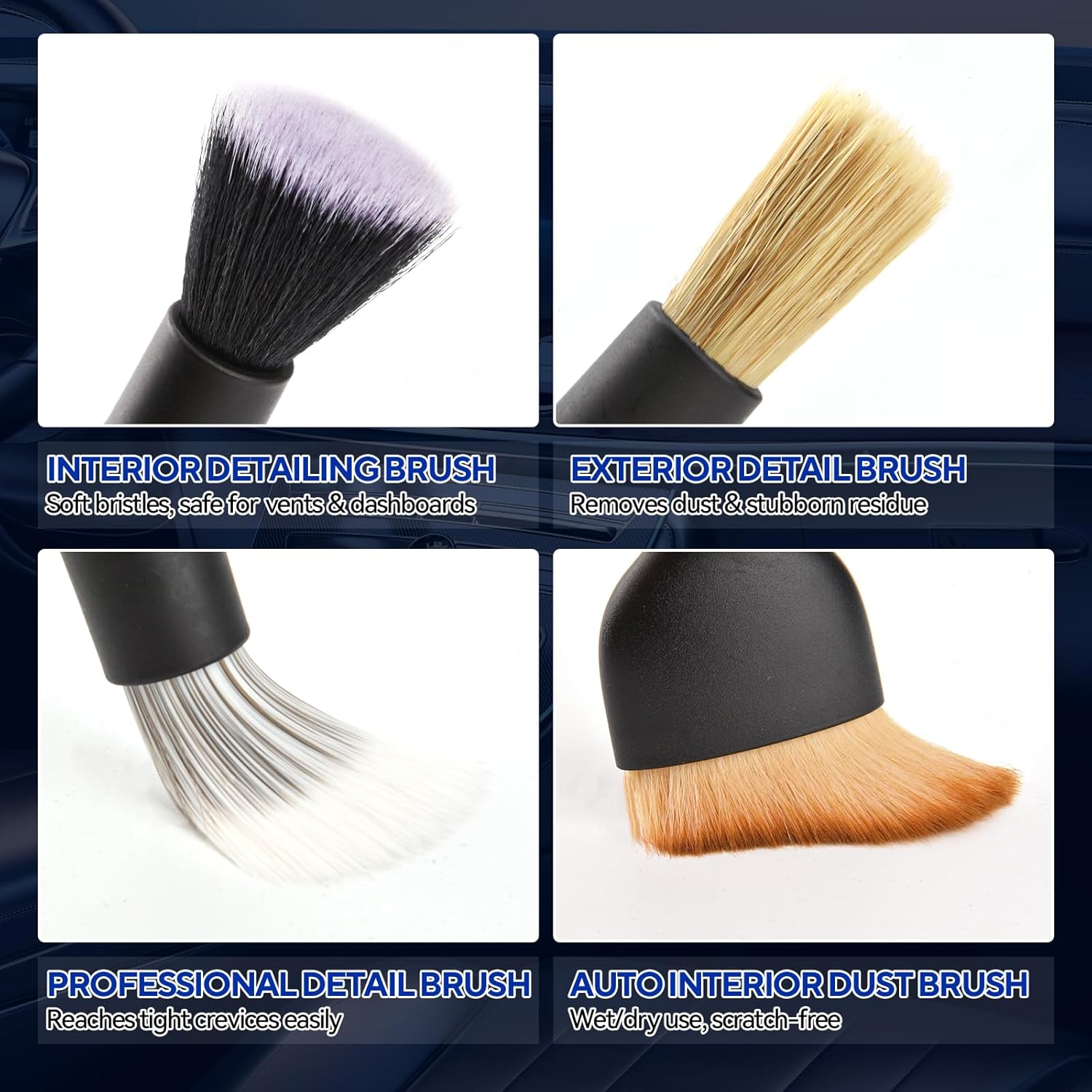 7PCS Car Deng Brush Kit - Ultra Soft Boars Hair Car Interior Deng Brushes, Includes 4 Different Brushes, Multi-use for Cleaning Interior or Exterior - Perfect Car Accessory Gift