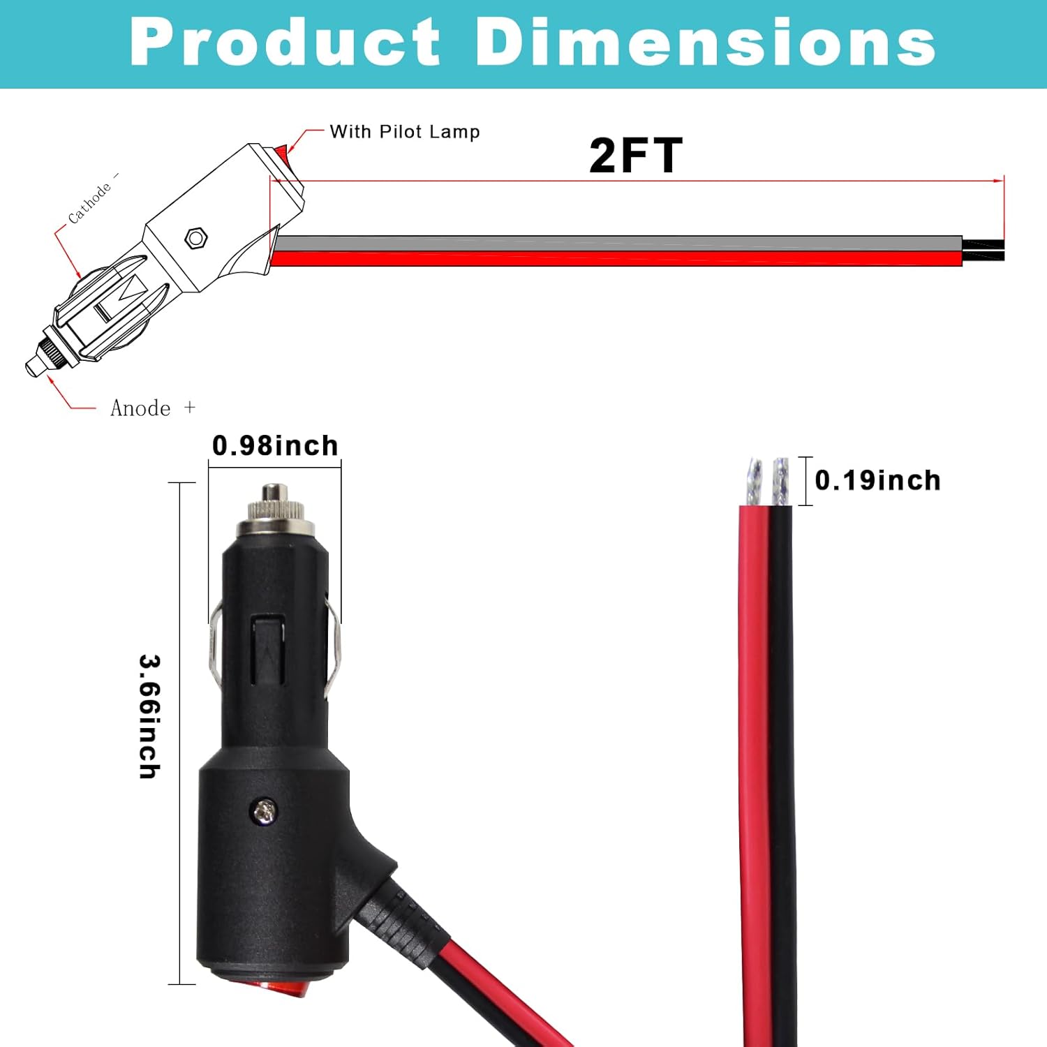 12Volt Replacement Cigarette Lighter Male Plug with On Off Switch - 2FT 12V Fused 15amp Cigarette Male Plug with 16gauge Leads, 12V DC Car Plug for Car Cooler,Cb Radio, Air Compressor 2PACK