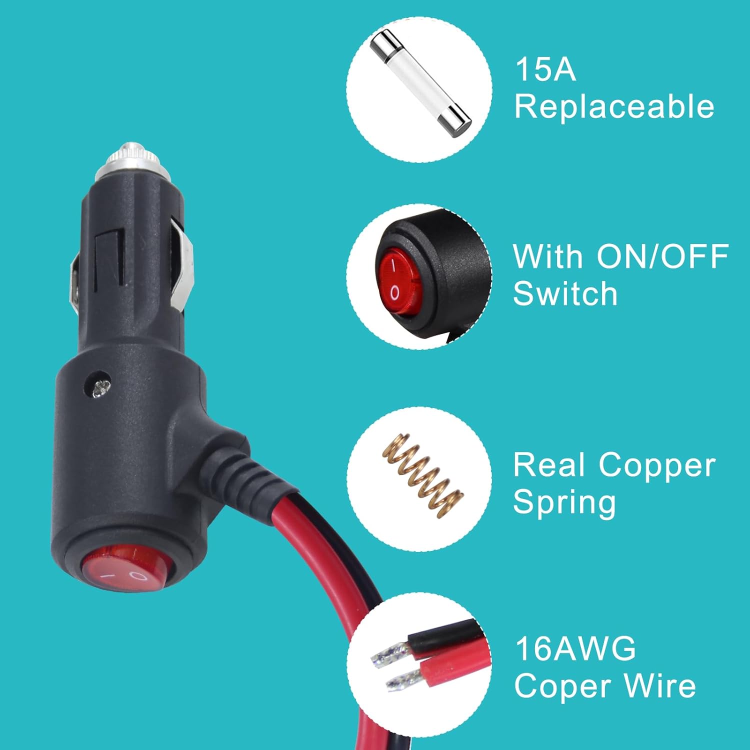 12Volt Replacement Cigarette Lighter Male Plug with On Off Switch - 2FT 12V Fused 15amp Cigarette Male Plug with 16gauge Leads, 12V DC Car Plug for Car Cooler,Cb Radio, Air Compressor 2PACK