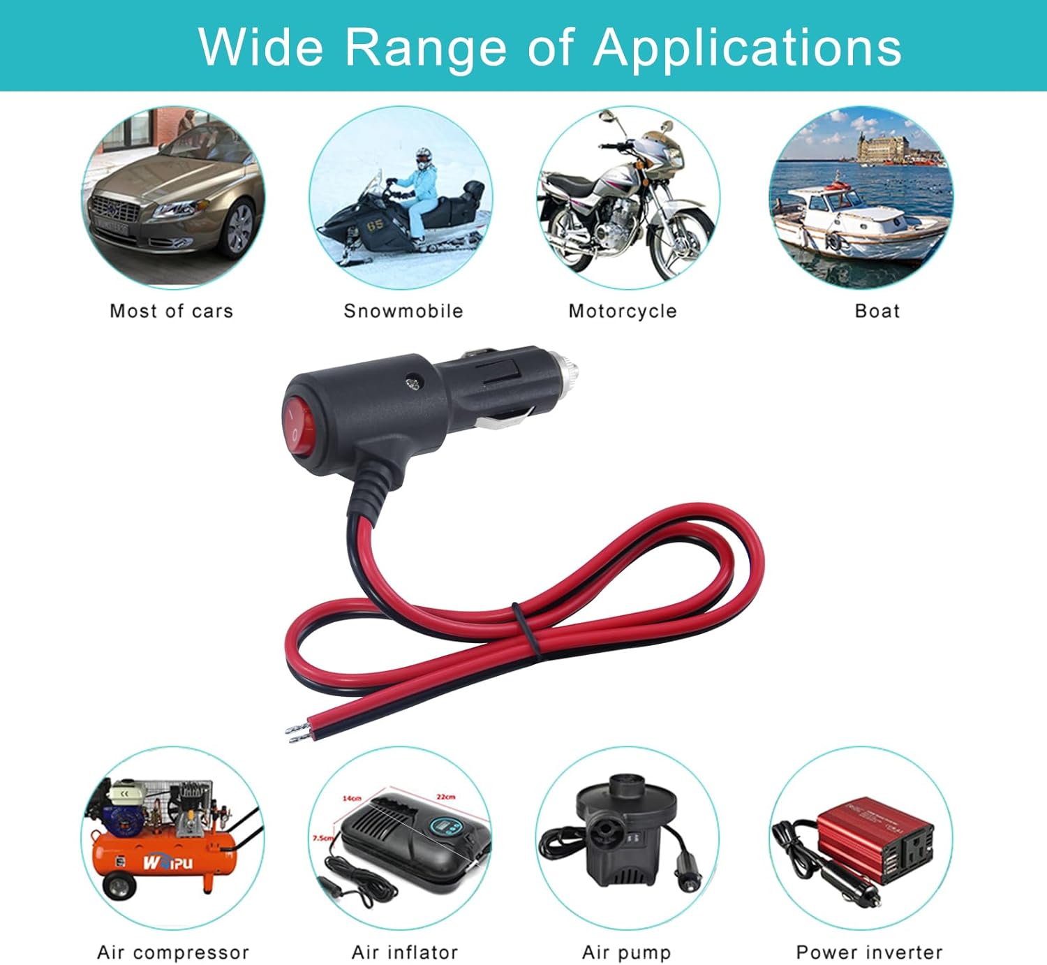 12Volt Replacement Cigarette Lighter Male Plug with On Off Switch - 2FT 12V Fused 15amp Cigarette Male Plug with 16gauge Leads, 12V DC Car Plug for Car Cooler,Cb Radio, Air Compressor 2PACK