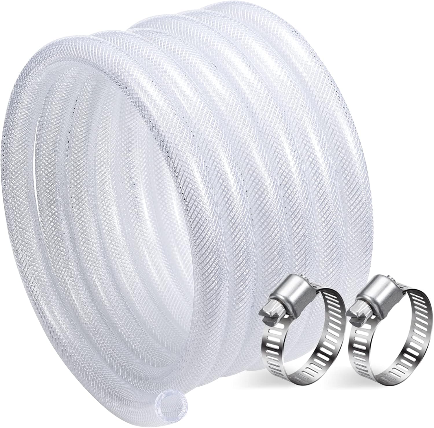 1/2" ID - 50 ft Heavy Duty Braided Clear Plastic Vinyl Tubing, Flexible High Pressure Reinforced PVC Plastic Tube Hose, Non-toxic, BPA Free, with 2 Stainless Clamps