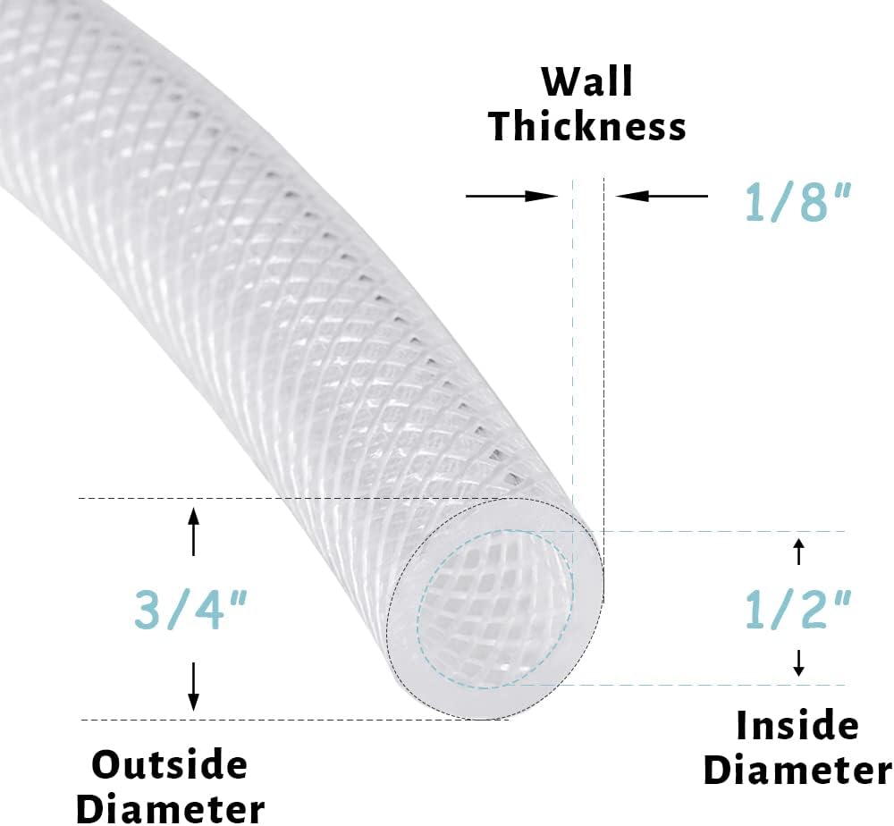1/2" ID - 50 ft Heavy Duty Braided Clear Plastic Vinyl Tubing, Flexible High Pressure Reinforced PVC Plastic Tube Hose, Non-toxic, BPA Free, with 2 Stainless Clamps
