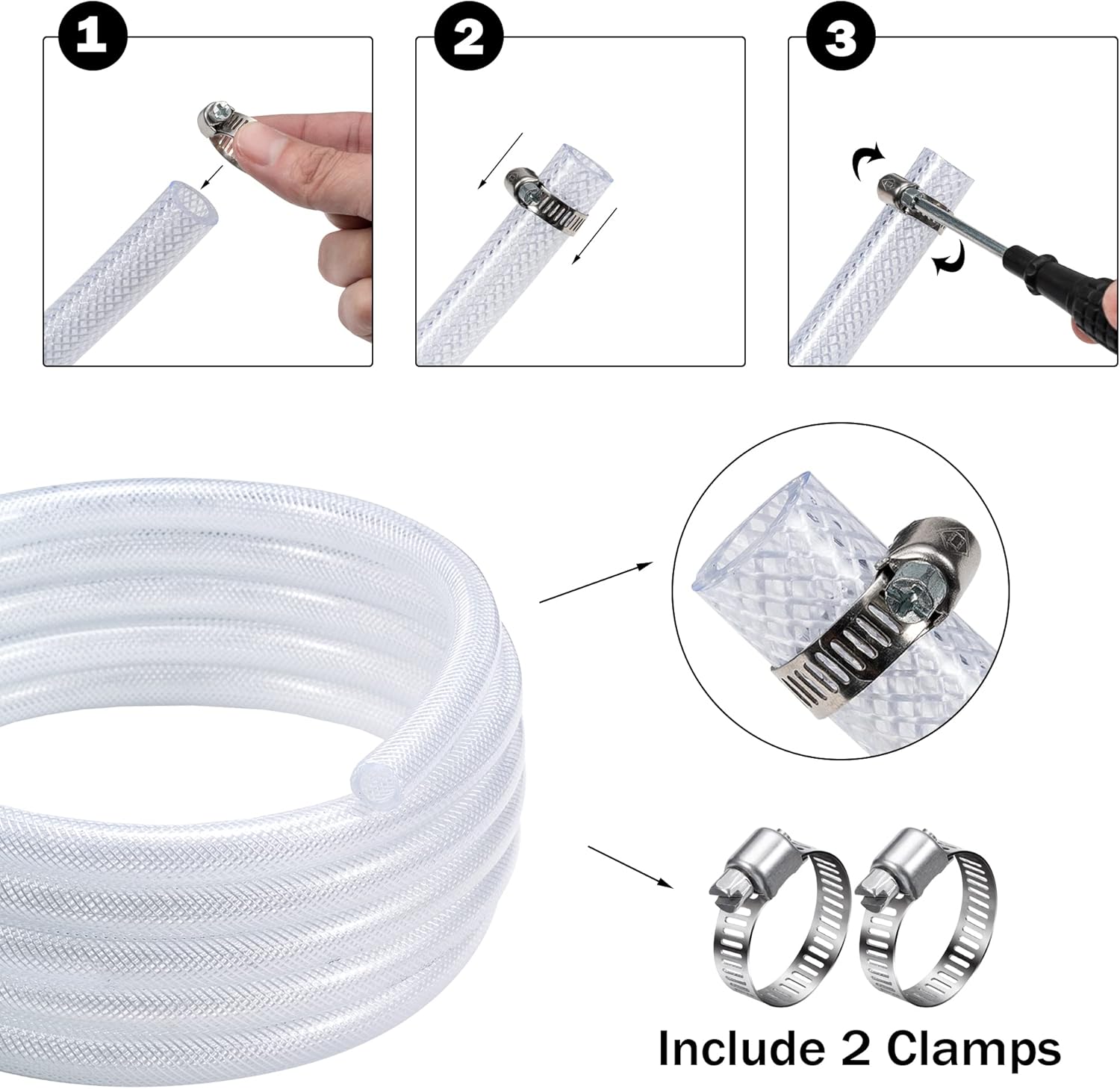 1/2" ID - 50 ft Heavy Duty Braided Clear Plastic Vinyl Tubing, Flexible High Pressure Reinforced PVC Plastic Tube Hose, Non-toxic, BPA Free, with 2 Stainless Clamps