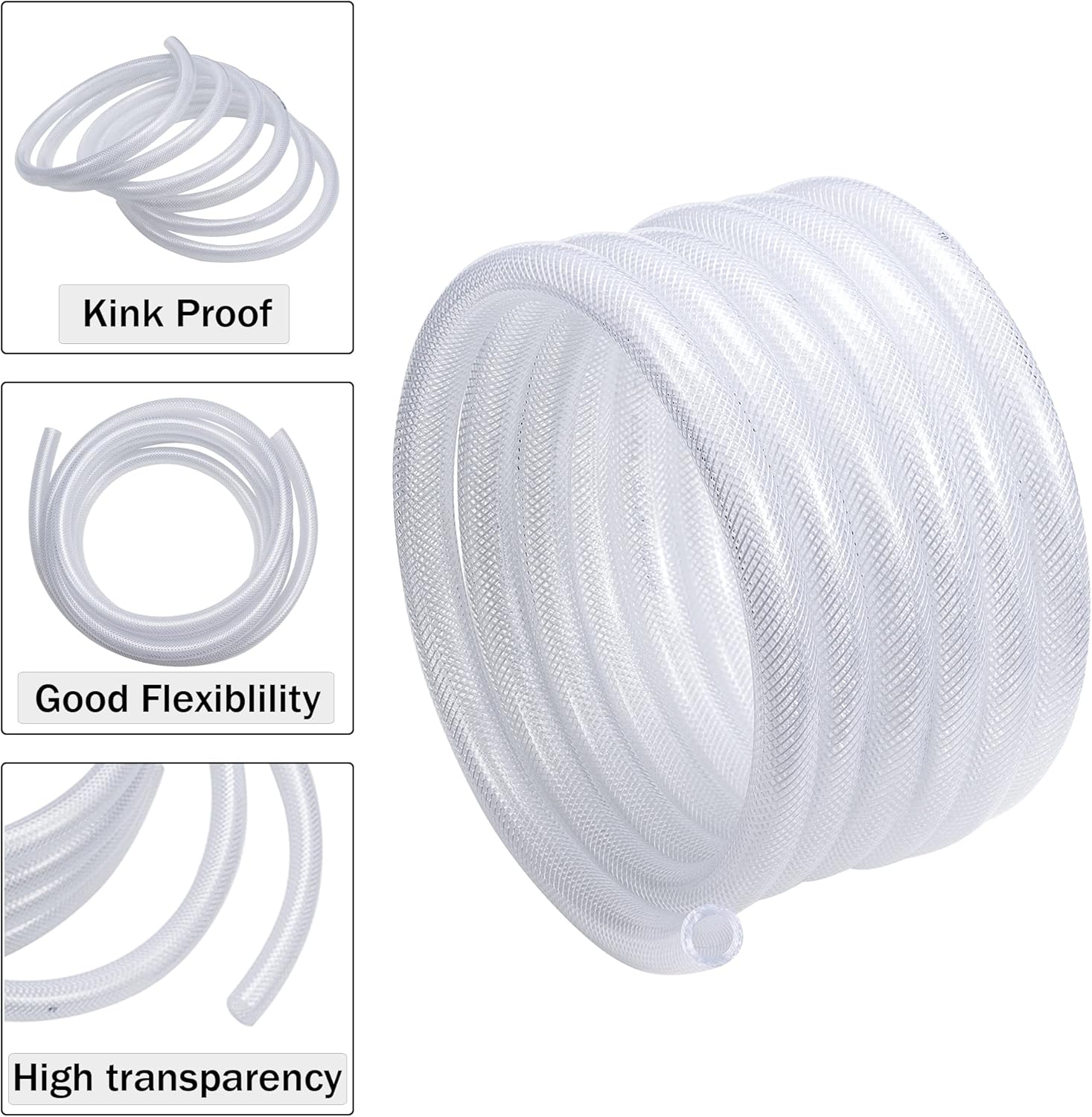 1/2" ID - 50 ft Heavy Duty Braided Clear Plastic Vinyl Tubing, Flexible High Pressure Reinforced PVC Plastic Tube Hose, Non-toxic, BPA Free, with 2 Stainless Clamps