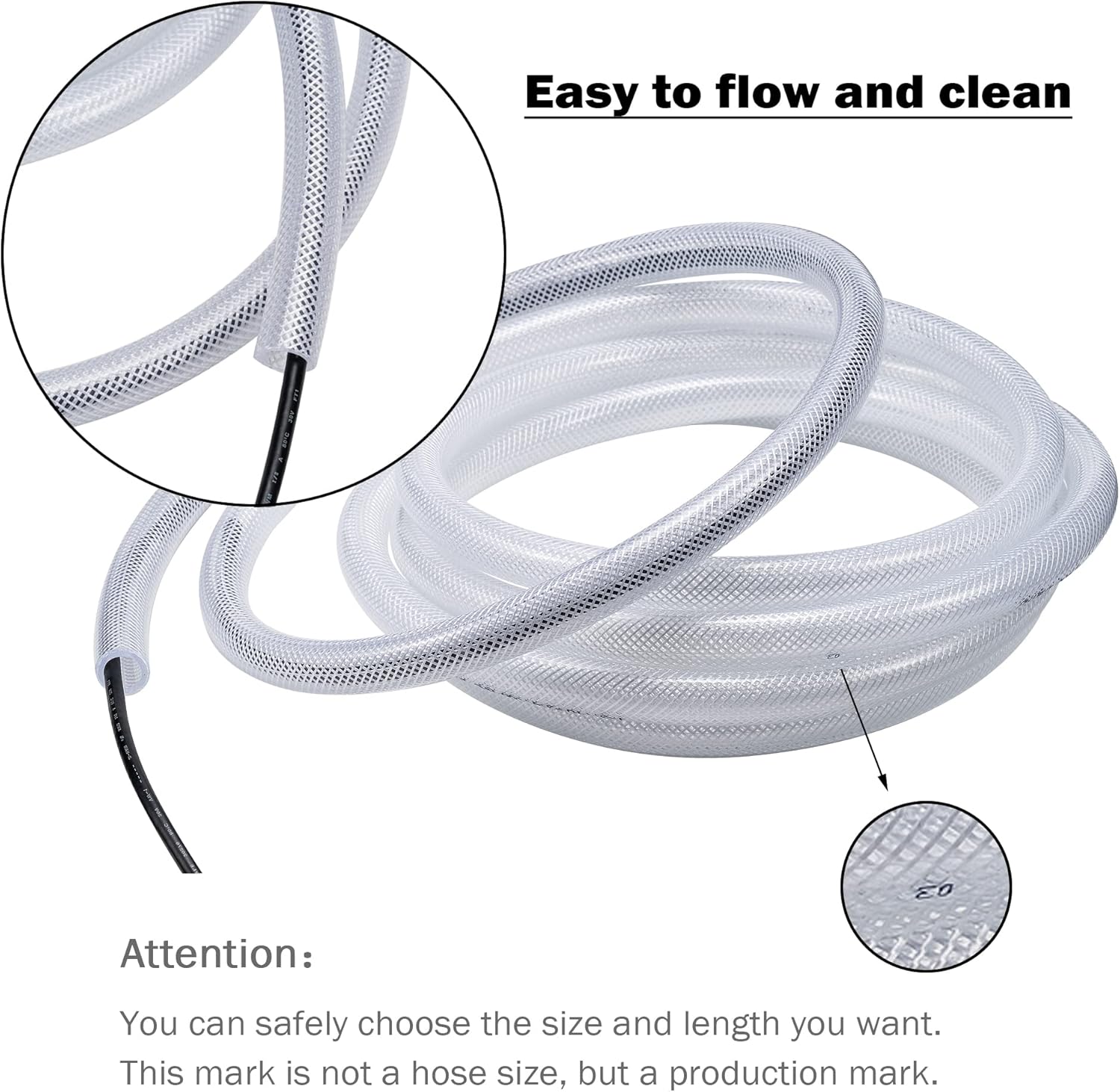1/2" ID - 50 ft Heavy Duty Braided Clear Plastic Vinyl Tubing, Flexible High Pressure Reinforced PVC Plastic Tube Hose, Non-toxic, BPA Free, with 2 Stainless Clamps