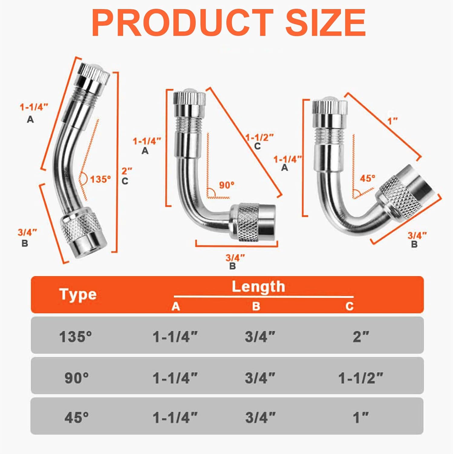 6 PCS 45 Degree 90 Degree 135 Degree Metal Valve Stem Extenders, Universal Valve Stem Extensions Compatible for Dual Wheels Passenger Cars, Stroller, RV, Motorcycles, Bicycles, Trailers