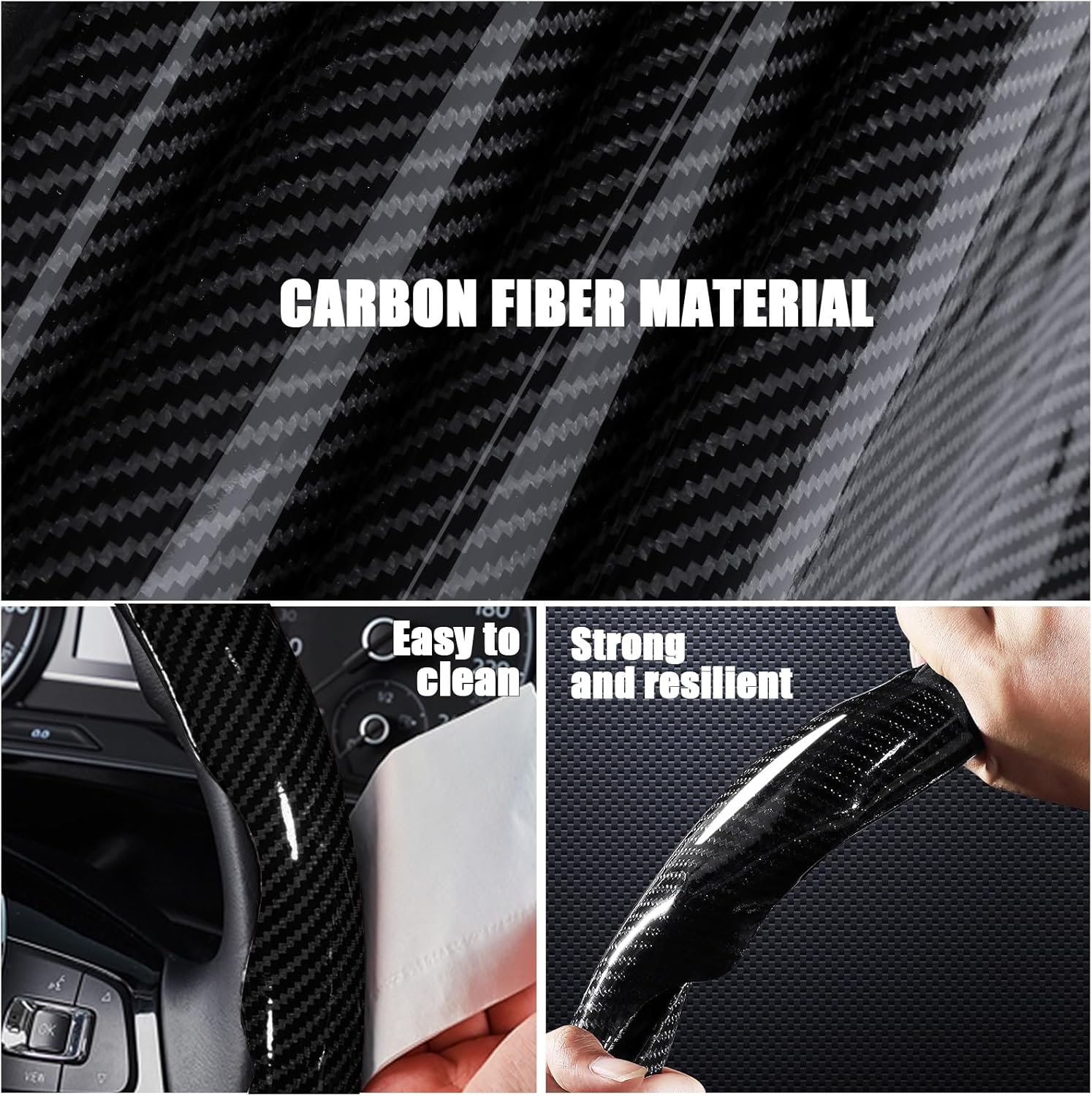 Carbon Fiber Steering Wheel Covers 3 Piece Clip on Steering Wheel Cover Black