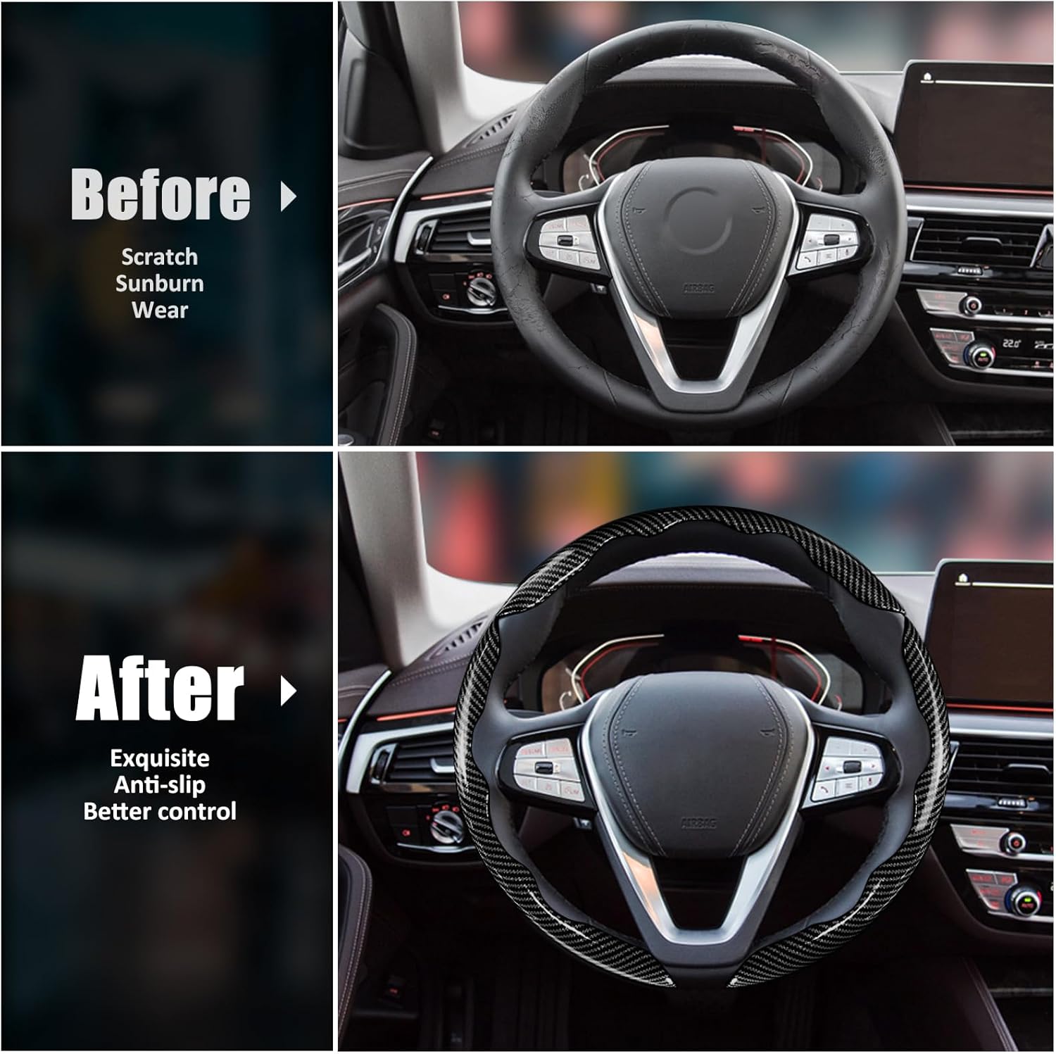Carbon Fiber Steering Wheel Covers 3 Piece Clip on Steering Wheel Cover Black