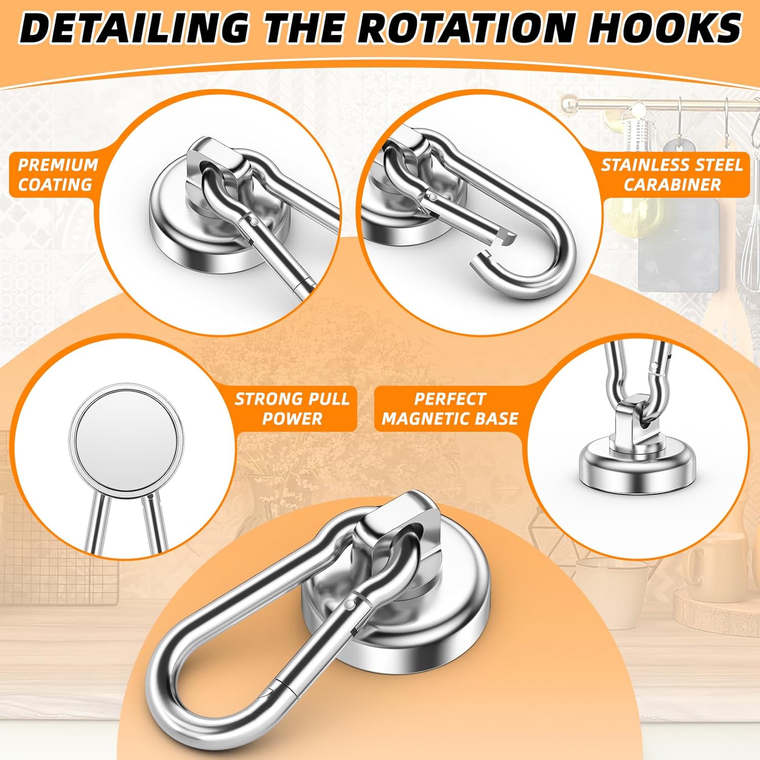 10 Pack Strong Neodymium Magnetic Hooks Heavy Duty with Swivel Carabiner, 70LBS Magnet Hooks for Hanging, Magnet with Hook for Kitchen, Home, Warehouse, School