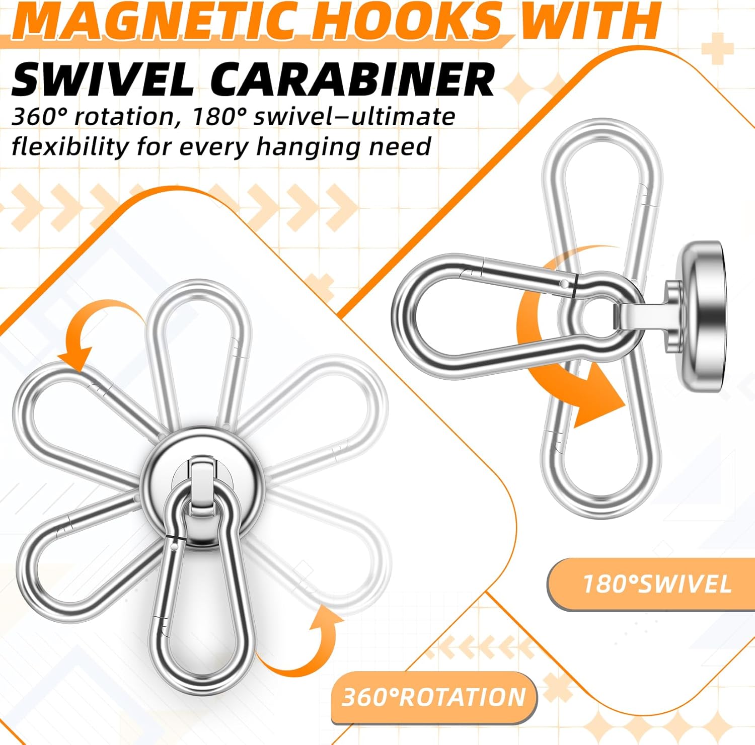 10 Pack Strong Neodymium Magnetic Hooks Heavy Duty with Swivel Carabiner, 70LBS Magnet Hooks for Hanging, Magnet with Hook for Kitchen, Home, Warehouse, School