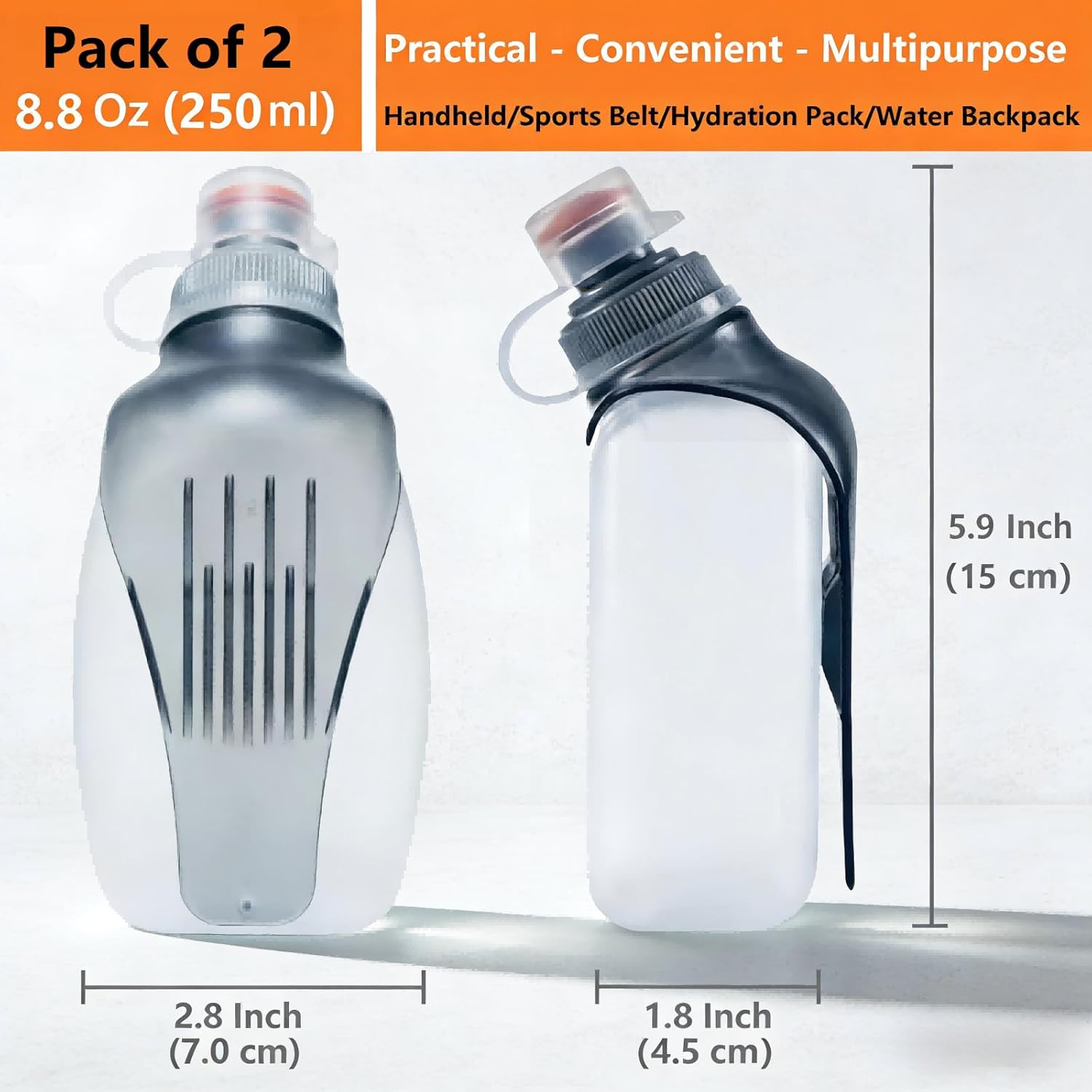 Water Bottle for Running No Bounce Water Bottle with Clip and Cover Cap,BPA-Free Plastic, 8.8oz 250ml for Running/Marathon/Walking/Hiking/Cycling/Trail/Skiing 2 Pack