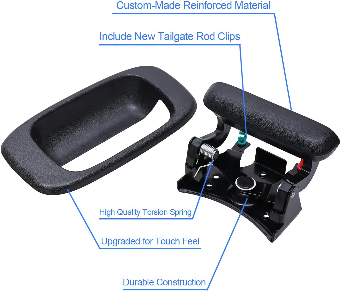 Premium Tailgate Handle Latch and Bezel Trim with Rod Clips, Fits for 1999-2007 Chevy Silverado GMC Sierra 1500 2500 3500, Replaces# 15997911, 15228539, 15228540, 15228541
