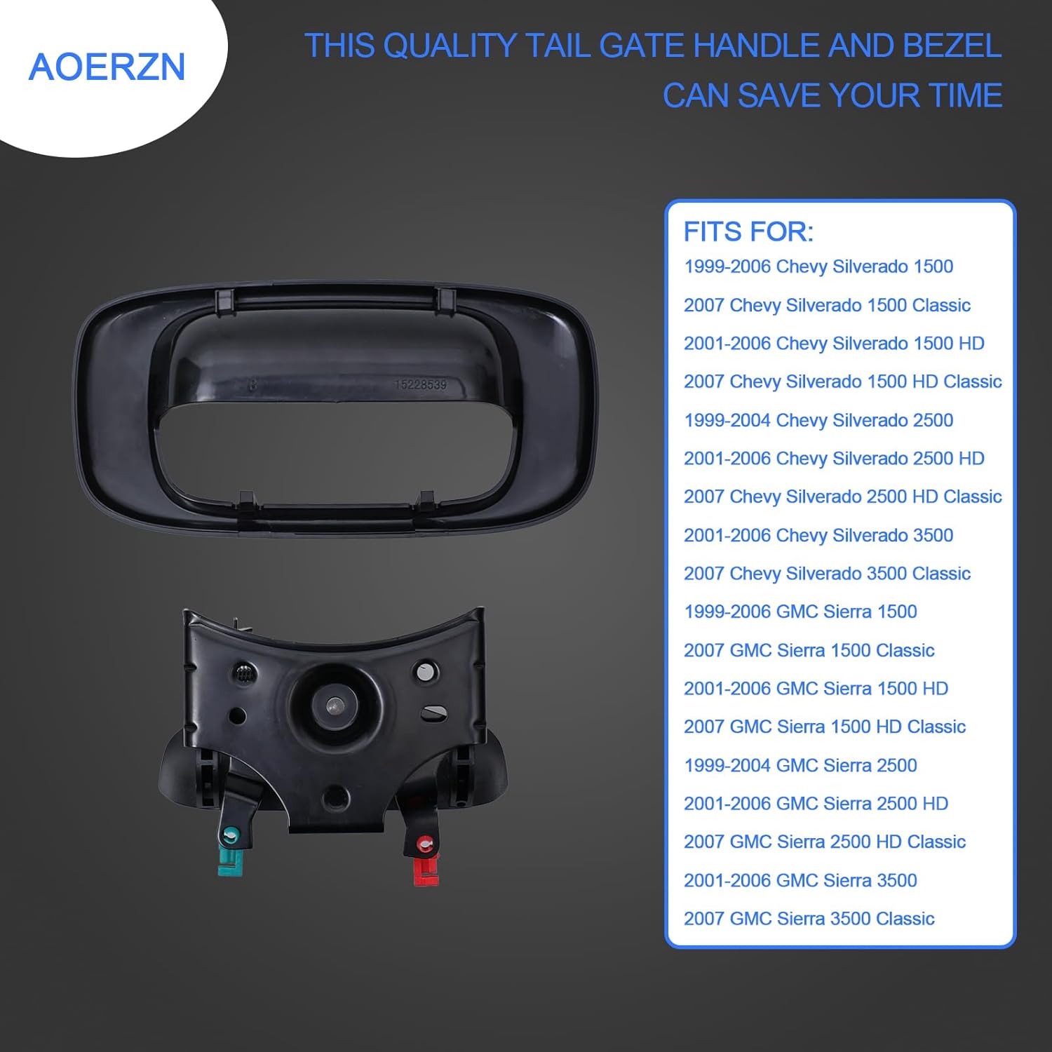 Premium Tailgate Handle Latch and Bezel Trim with Rod Clips, Fits for 1999-2007 Chevy Silverado GMC Sierra 1500 2500 3500, Replaces# 15997911, 15228539, 15228540, 15228541