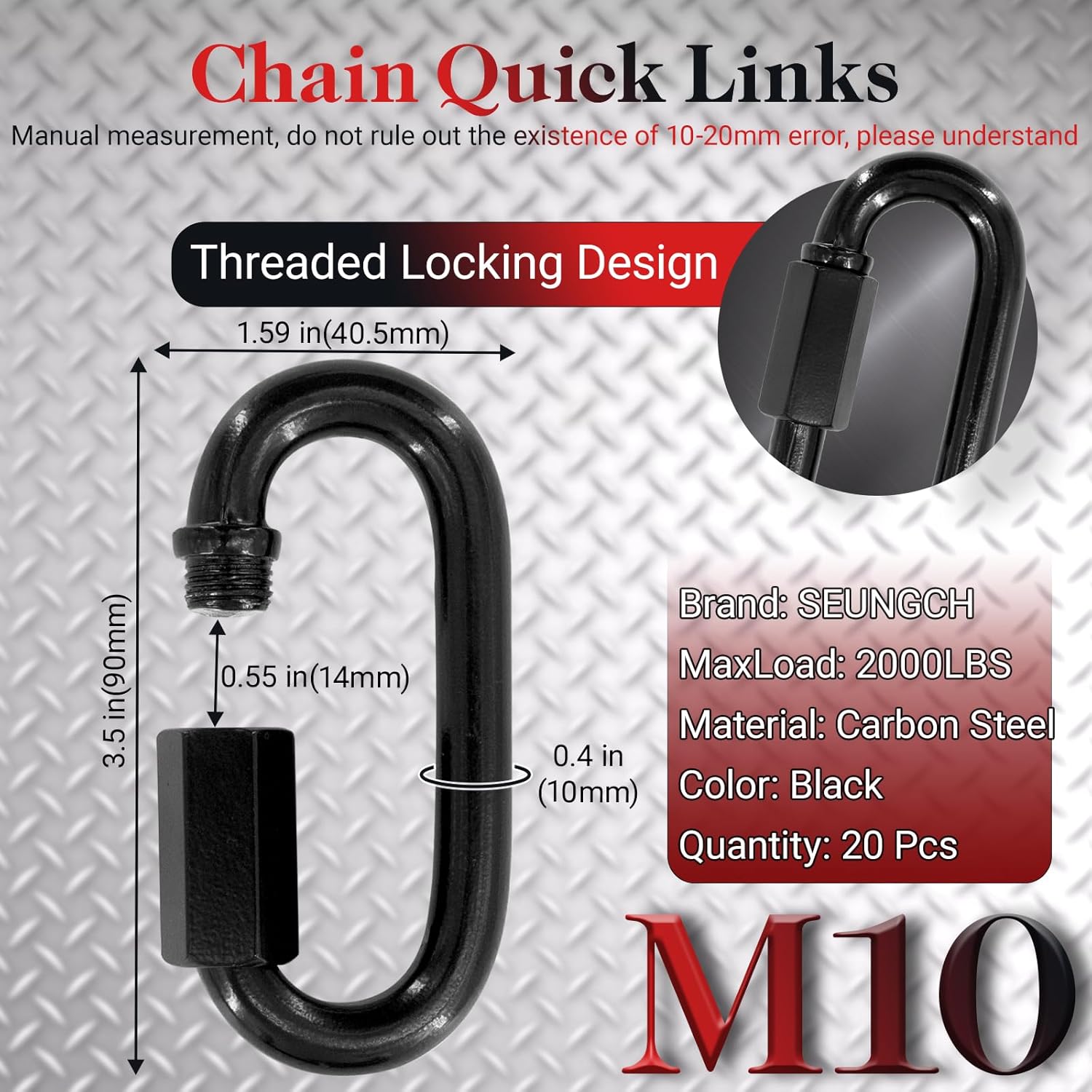 3.5" Black Chain Quick Link, 20 Pcs 3/8" Heavy Duty Locking Carabiner, 2000 LBS Capacity, Durable Chain Connector for Hanging Keys, Dog Leash, and Fence Gates