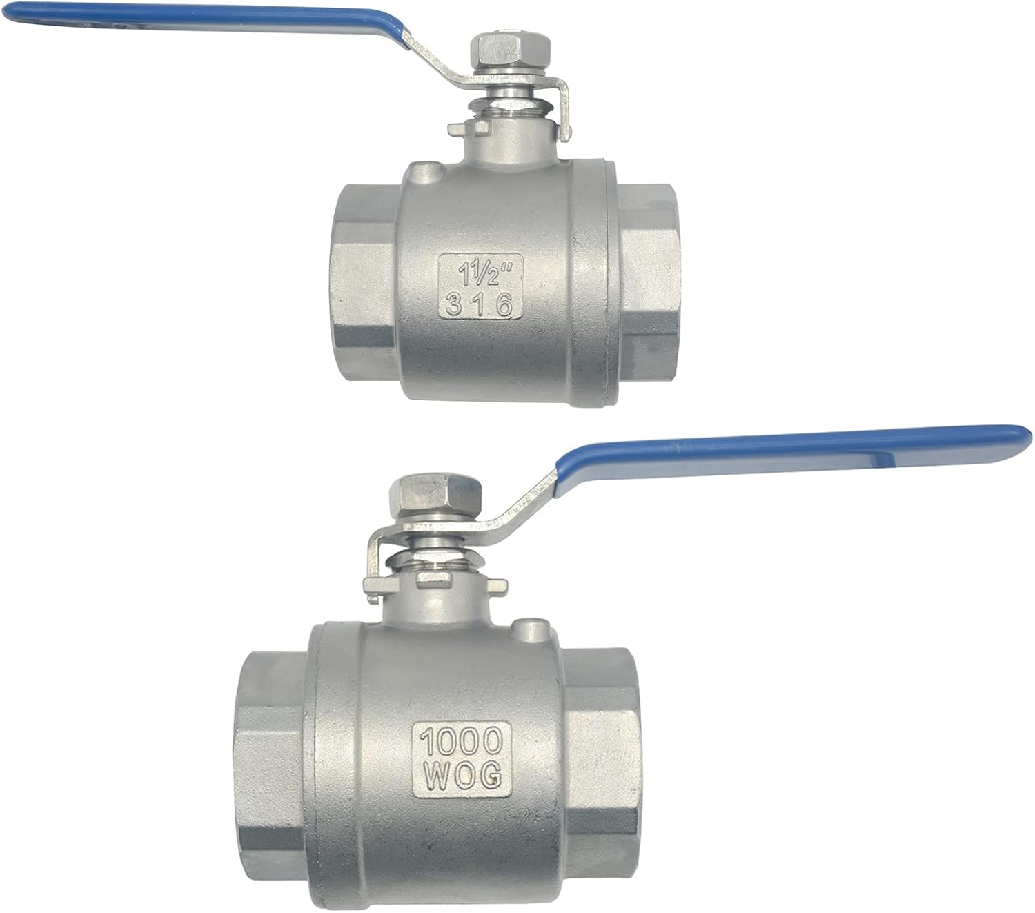 2Pcs 316 Stainless Steel 1.5" Full Port Ball Valve with Heavy Duty Blue Vinyl Insulation Handle, NPT Female x Female Thread,1000 WOG