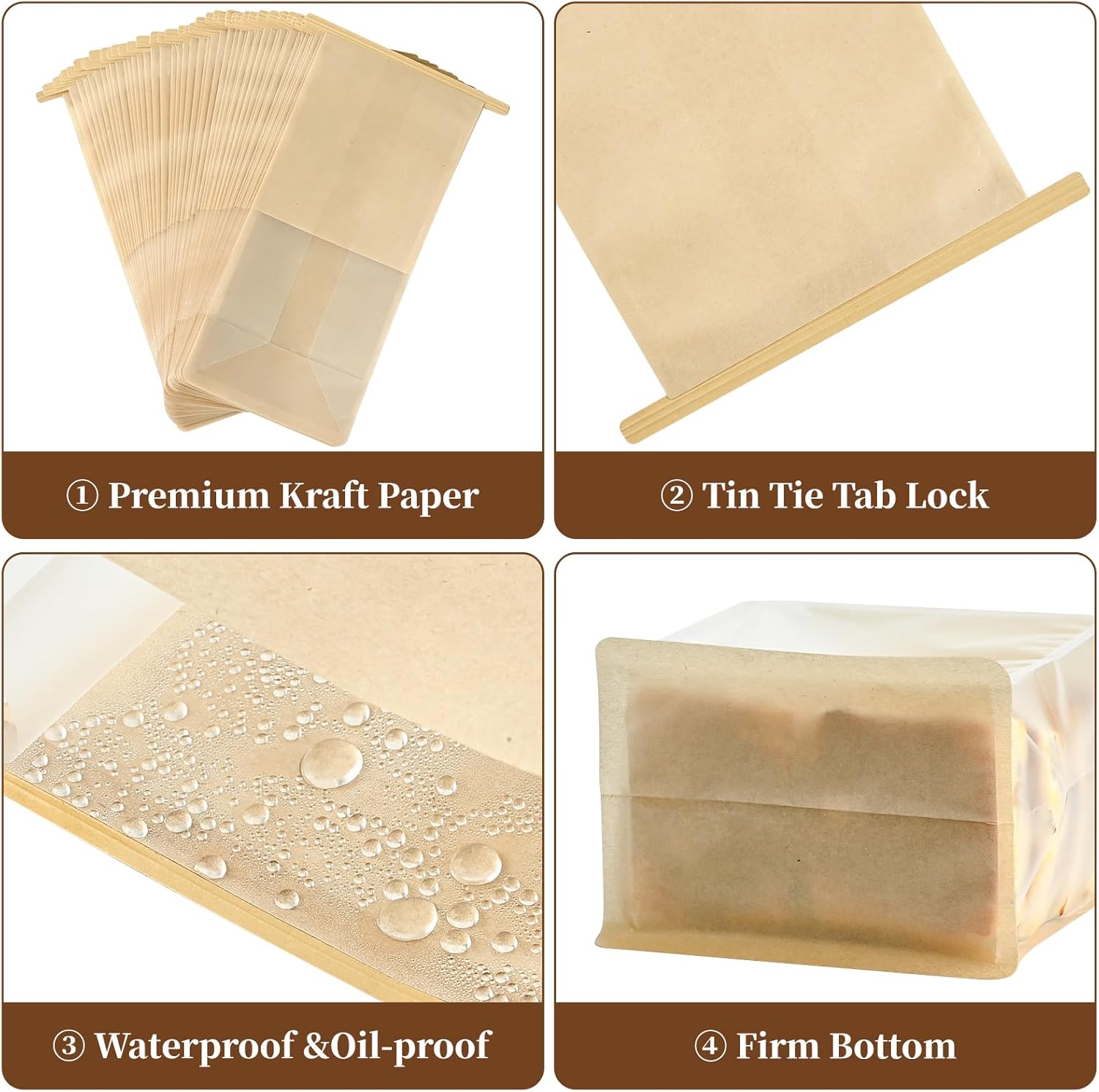 50 PCS Bread Bags for Homemade Breads, 11 x 5.1 x 3.9 Inches Bakery Bags with Tin Tie Tab Lock, Cookie Bags with Window for Pastry Bagel Packaging
