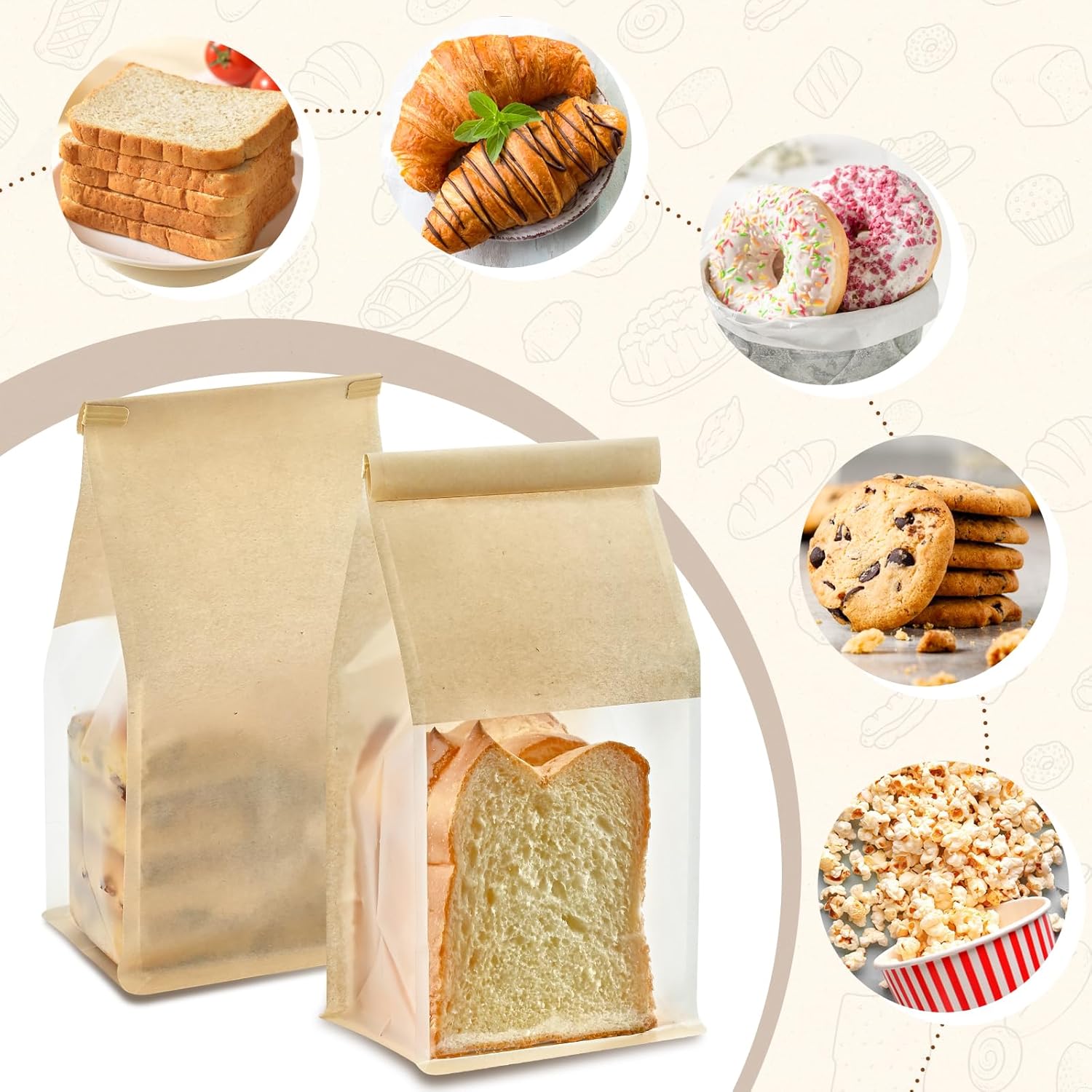 50 PCS Bread Bags for Homemade Breads, 11 x 5.1 x 3.9 Inches Bakery Bags with Tin Tie Tab Lock, Cookie Bags with Window for Pastry Bagel Packaging