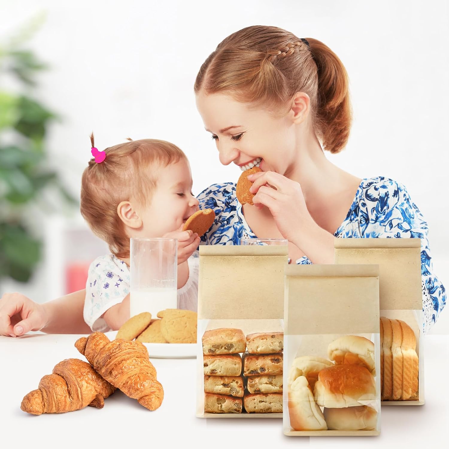 50 PCS Bread Bags for Homemade Breads, 11 x 5.1 x 3.9 Inches Bakery Bags with Tin Tie Tab Lock, Cookie Bags with Window for Pastry Bagel Packaging