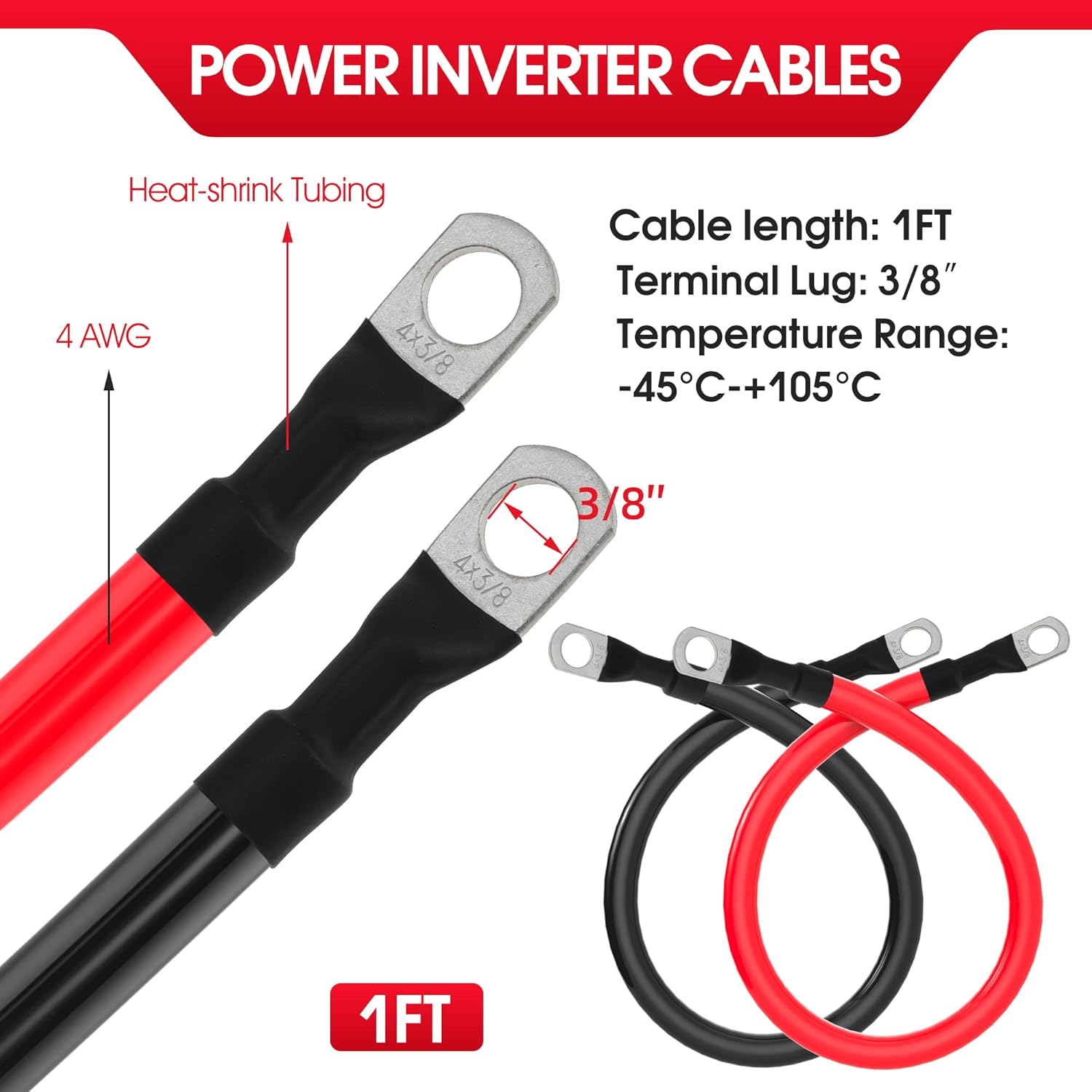 4 AWG Battery Cable 4AWG Gauge Pure Copper Battery Inverter Cables with 3/8 in Lugs Both Ends Power Inverter Wire Set for Automotive Solar Marine Boat RV Car Motorcycle Red and Black 1ft