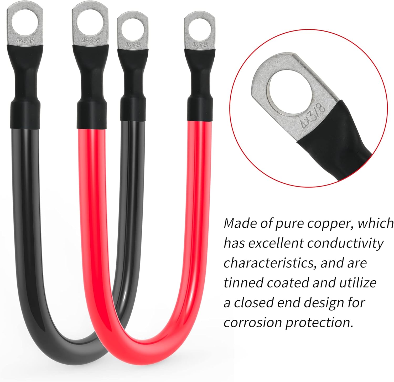 4 AWG Battery Cable 4AWG Gauge Pure Copper Battery Inverter Cables with 3/8 in Lugs Both Ends Power Inverter Wire Set for Automotive Solar Marine Boat RV Car Motorcycle Red and Black 1ft