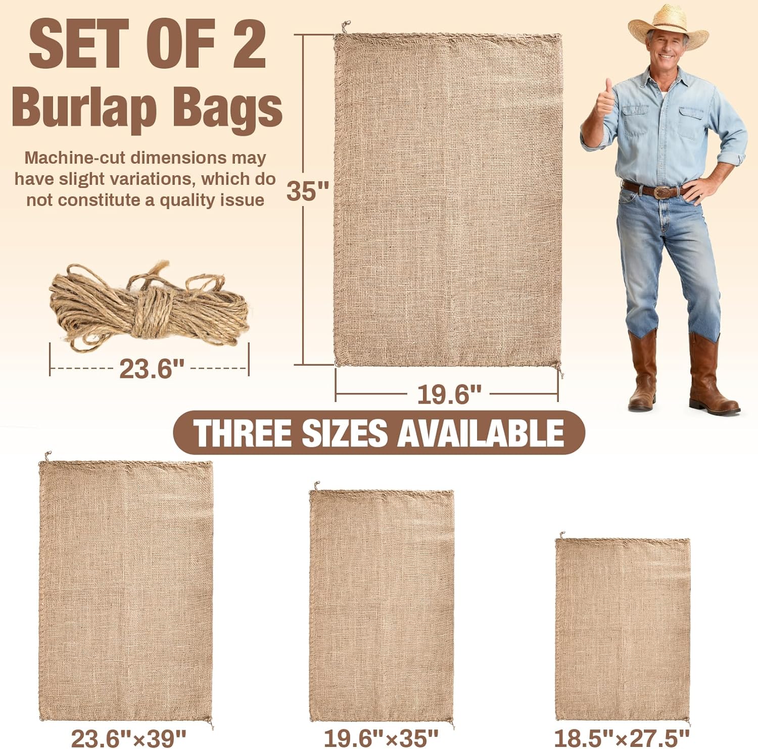 2 PCS Burlap Sack - 19.6" x 35" Burlap Bags for Plants High Density Natural Jute Bag of Potatoe Storage Plant Grow Bags with Rope Potato Sacks Race Bag Halloween,Christmas Decorations