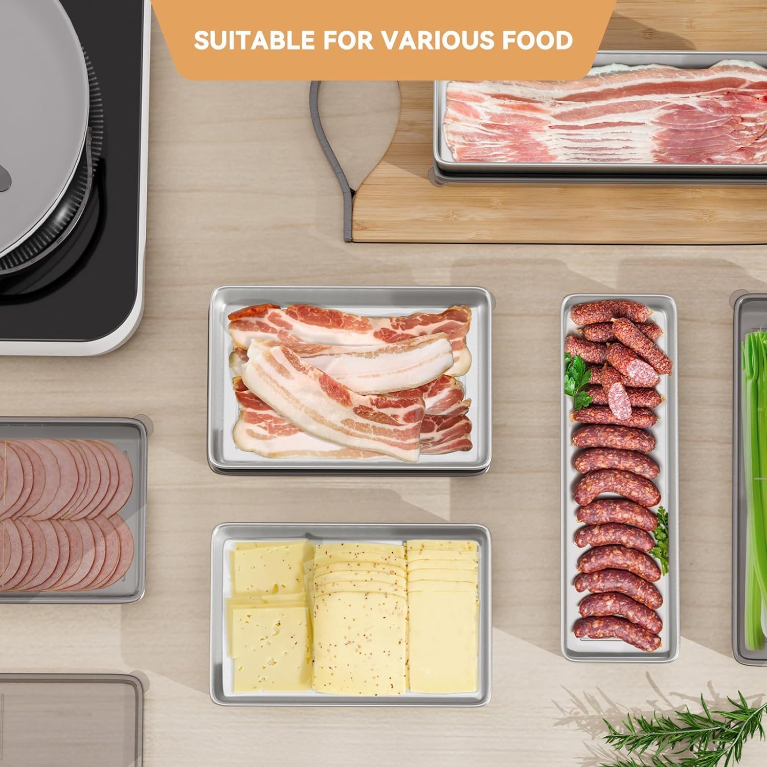 Bacon Container for Refrigerator, 1 Pack 304 Stainless Steel Airtight Deli Meat Storage Container for Fridge Dishwasher Safe Long Kitchen Food Storage Containers with Lids with Elevated Base