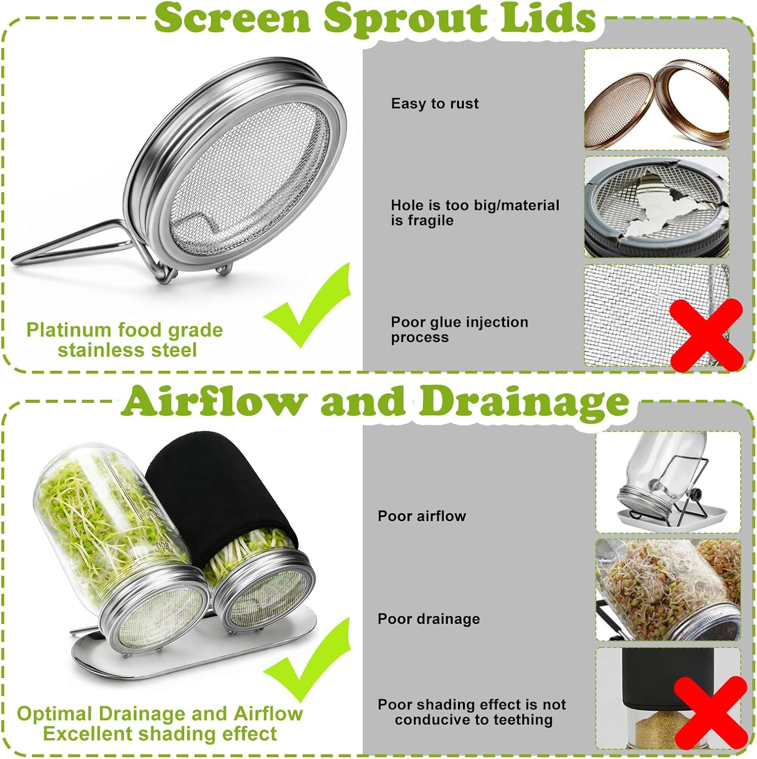 Sprouting Kit with Stainless Steel Screen Sprouting Lids & Glass Mason Jars & Light-Blocking Sleeves, 2Pack Premium Reusable Sprouts Growing Kit for Organic Broccoli Alfalfa Seeds Bean Sprouts