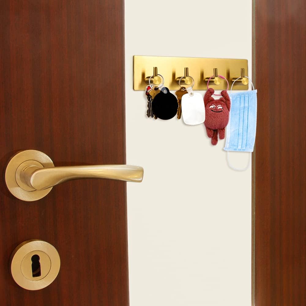 Key Holder for Christmas Wall Decorative, Adhesive Stainless Steel Key Hooks, Key Hanger Key Organizer Towel Hook Coat Hanger for Entryway Hallway Kitchen Four Rows, Golden 1 PC