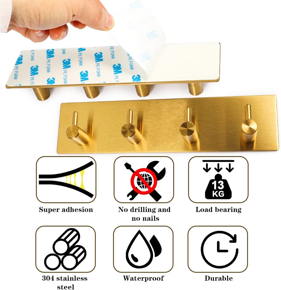 Key Holder for Christmas Wall Decorative, Adhesive Stainless Steel Key Hooks, Key Hanger Key Organizer Towel Hook Coat Hanger for Entryway Hallway Kitchen Four Rows, Golden 1 PC
