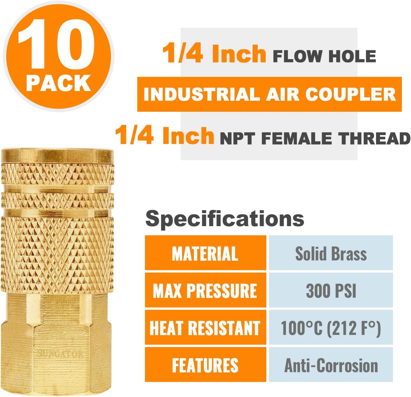 1/4'' Air Hose fittings, 10-Pack Brass 1/4 Inch NTP Female Industrial Coupler, 1/4'' Air Line Quick Connect Fittings for Auto Shop, Compressor Hose Repair Kit, 1/4 Inch NTP Coupler