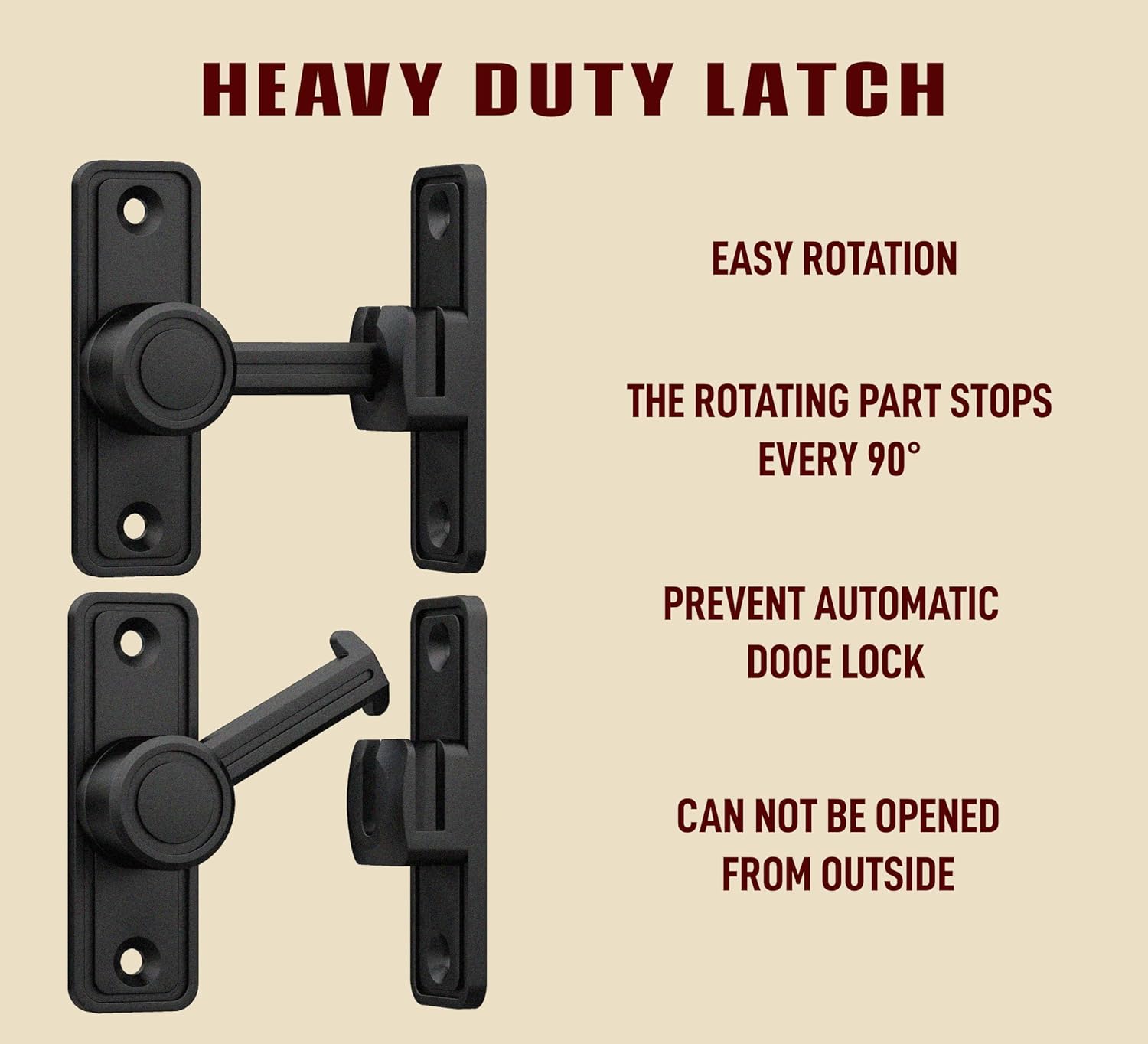 Barn Door Privacy Latch, 90°/180° Swing Slide Lock, Zinc-Alloy, Adhesive or Screw Mount, Interior Use for Bathroom/Bedroom/Closet/Shed, Includes Screws & Glue - Black