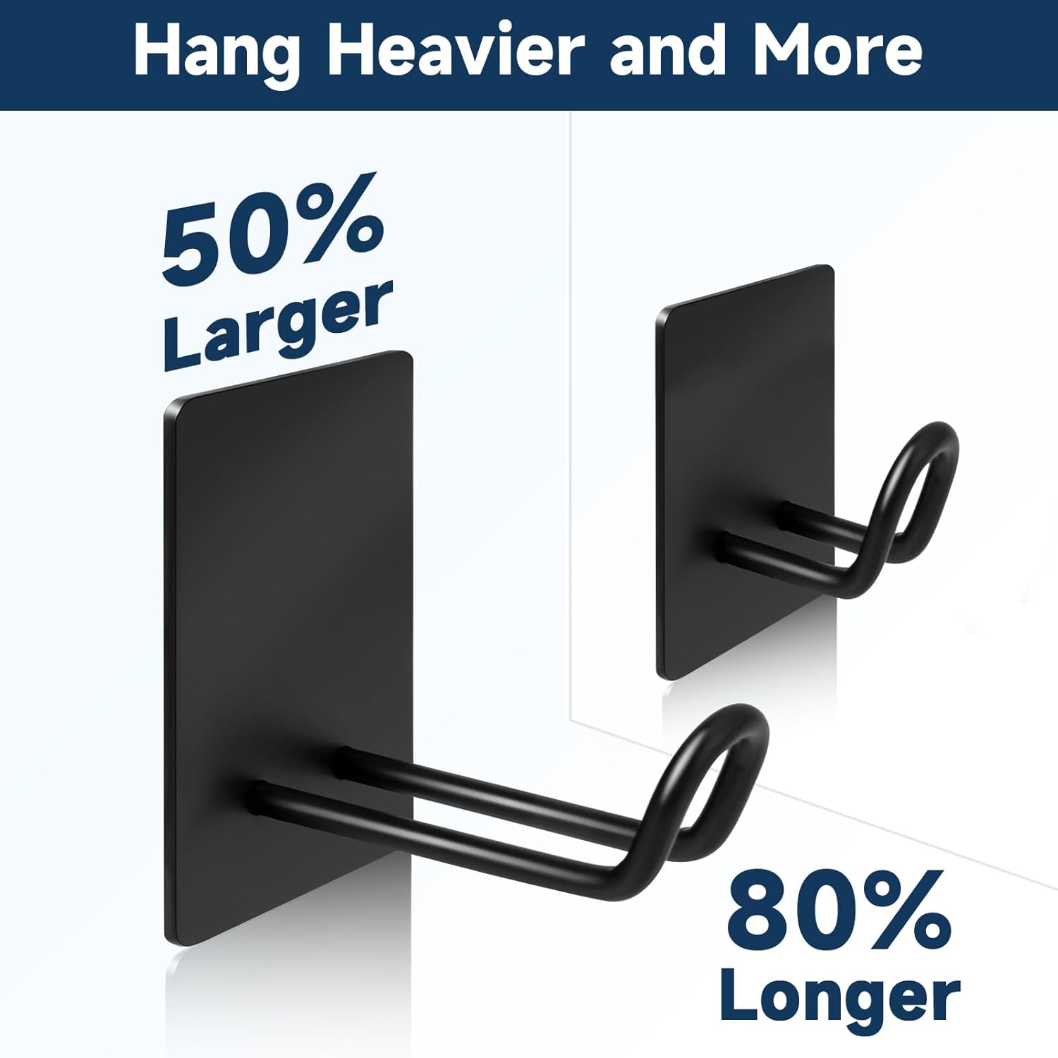 Self Adhesive Hooks Heavy Duty, Large Stainless Steel Towel Hooks, No Drill Sticky Hooks, Long Stick on Shower Wall Hooks for Hanging Hat Coat Key Headphone Black 6Pcs