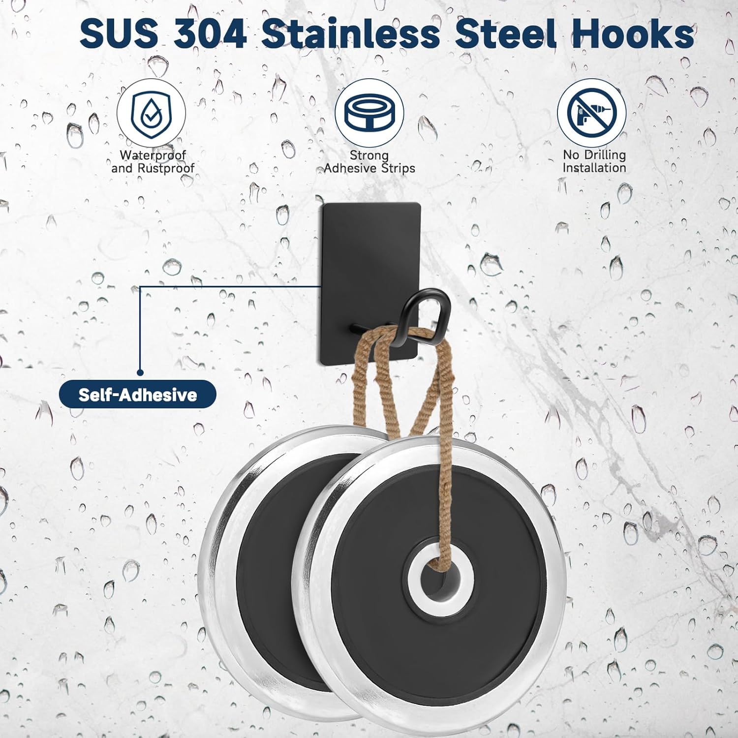 Self Adhesive Hooks Heavy Duty, Large Stainless Steel Towel Hooks, No Drill Sticky Hooks, Long Stick on Shower Wall Hooks for Hanging Hat Coat Key Headphone Black 6Pcs