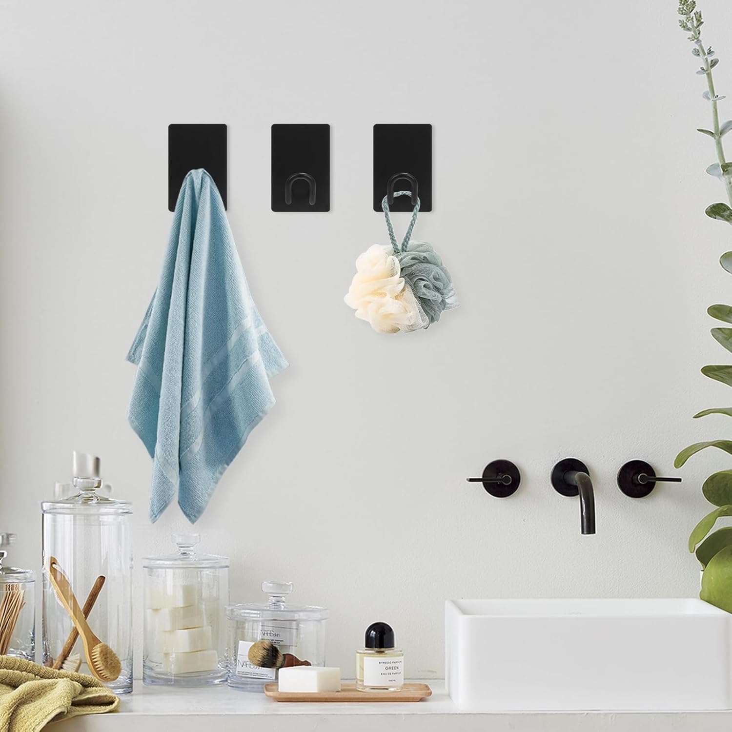 Self Adhesive Hooks Heavy Duty, Large Stainless Steel Towel Hooks, No Drill Sticky Hooks, Long Stick on Shower Wall Hooks for Hanging Hat Coat Key Headphone Black 6Pcs