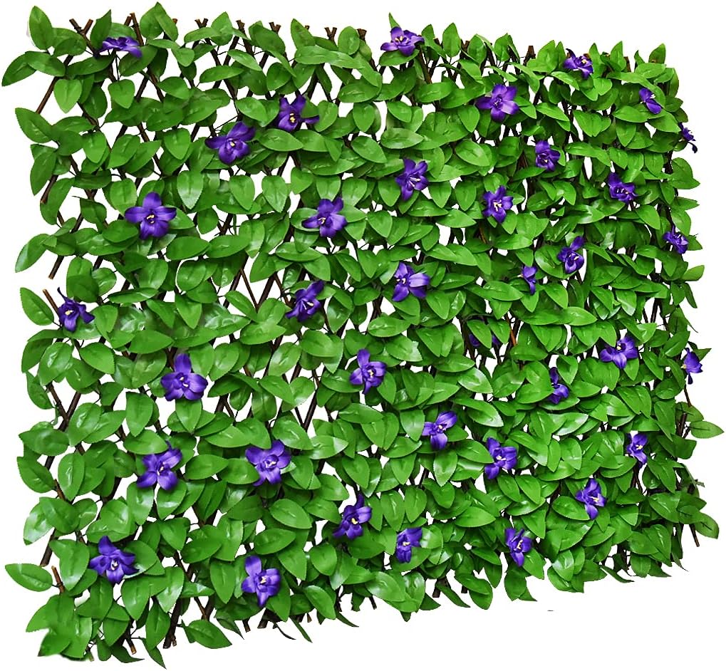 Expandable Fence Privacy Screen for Balcony Patio Outdoor,Decorative Faux Ivy Fencing Panel,Artificial Hedges Single Sided Leaves 1, Purple Flowers