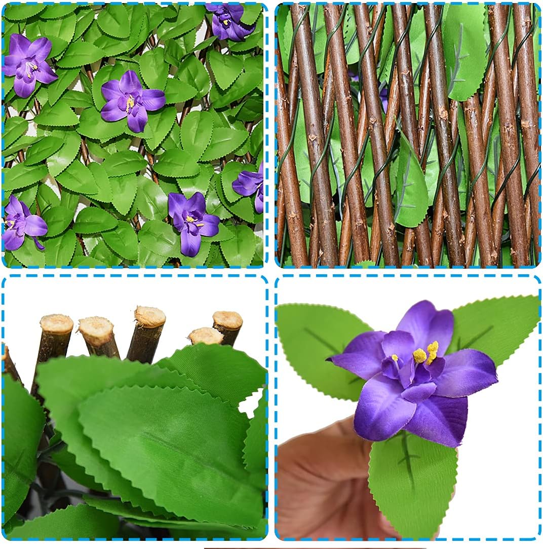 Expandable Fence Privacy Screen for Balcony Patio Outdoor,Decorative Faux Ivy Fencing Panel,Artificial Hedges Single Sided Leaves 1, Purple Flowers