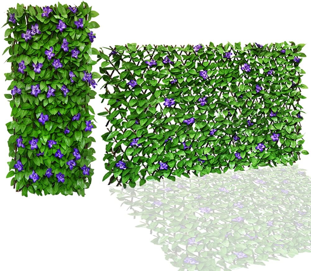 Expandable Fence Privacy Screen for Balcony Patio Outdoor,Decorative Faux Ivy Fencing Panel,Artificial Hedges Single Sided Leaves 1, Purple Flowers