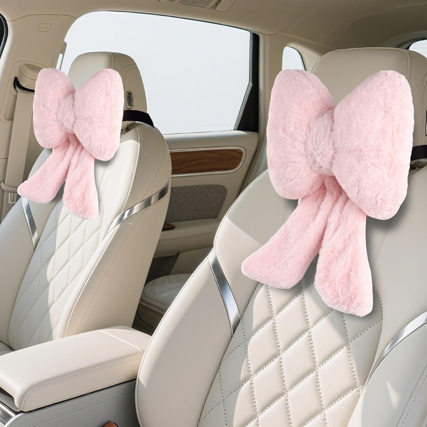 2 Pack Bow Car Headrest Pillows Plush Neck Pillows for Travel Driving Office Chair Head Support Cushions, Also Cute Car Decor Accessories for Women Pink