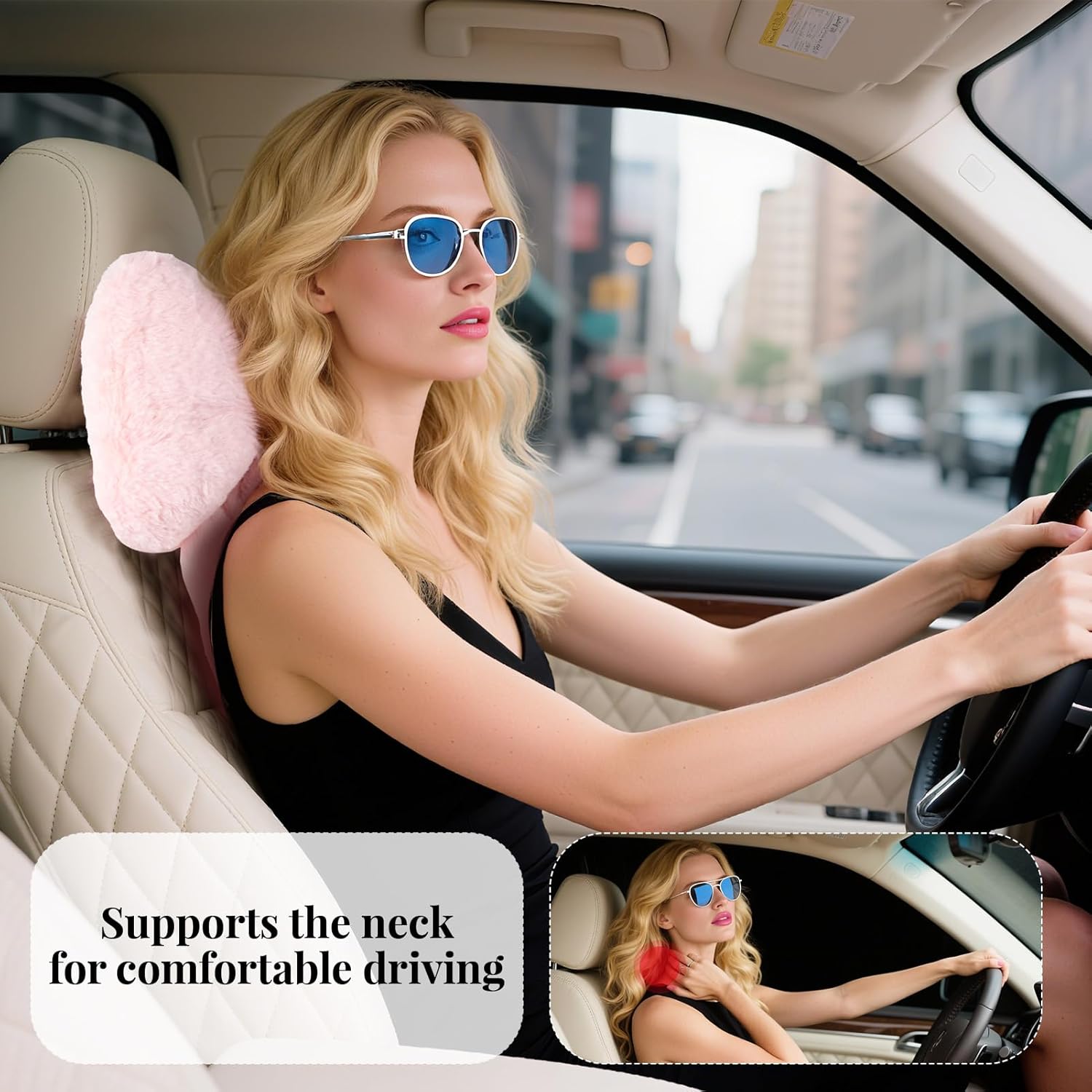2 Pack Bow Car Headrest Pillows Plush Neck Pillows for Travel Driving Office Chair Head Support Cushions, Also Cute Car Decor Accessories for Women Pink