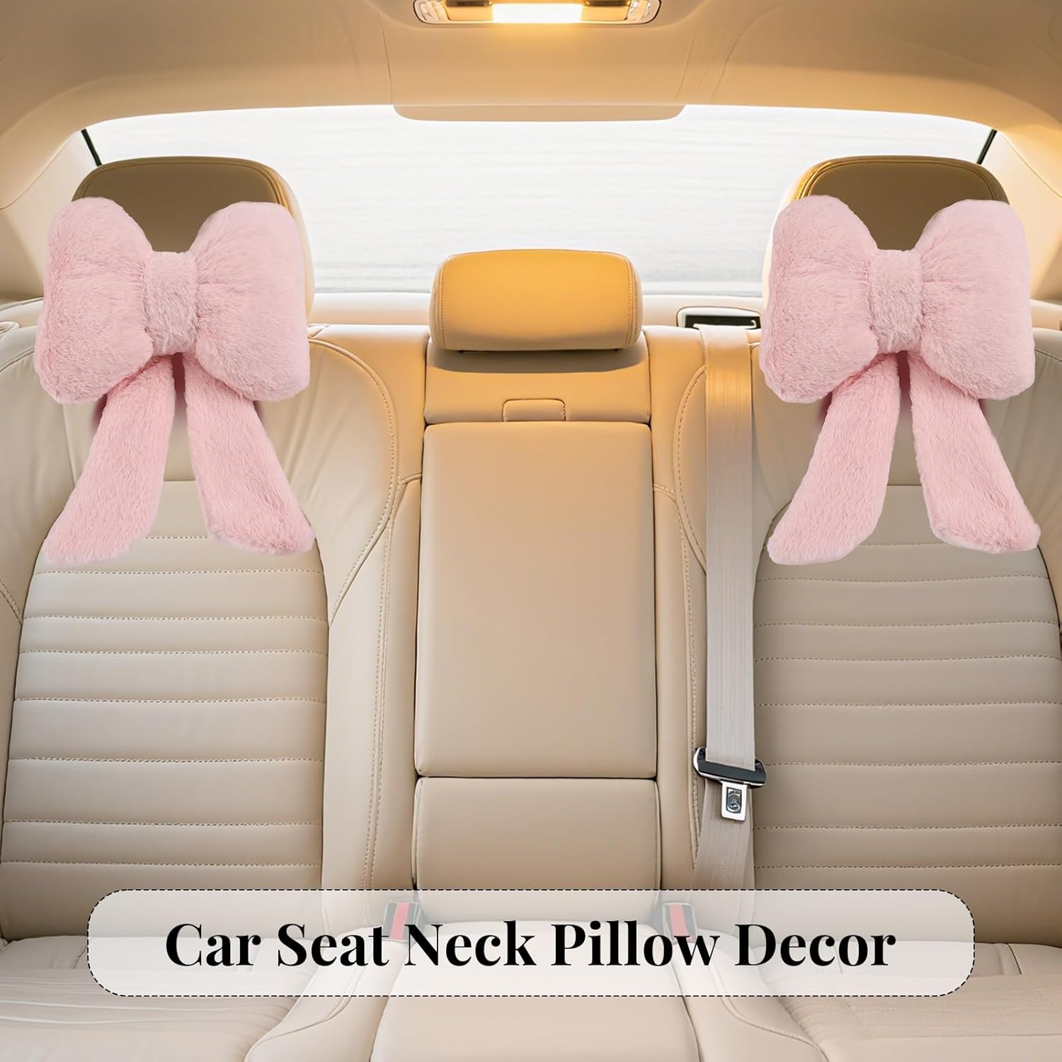 2 Pack Bow Car Headrest Pillows Plush Neck Pillows for Travel Driving Office Chair Head Support Cushions, Also Cute Car Decor Accessories for Women Pink