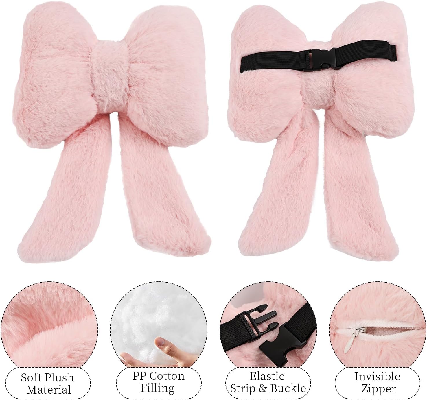 2 Pack Bow Car Headrest Pillows Plush Neck Pillows for Travel Driving Office Chair Head Support Cushions, Also Cute Car Decor Accessories for Women Pink