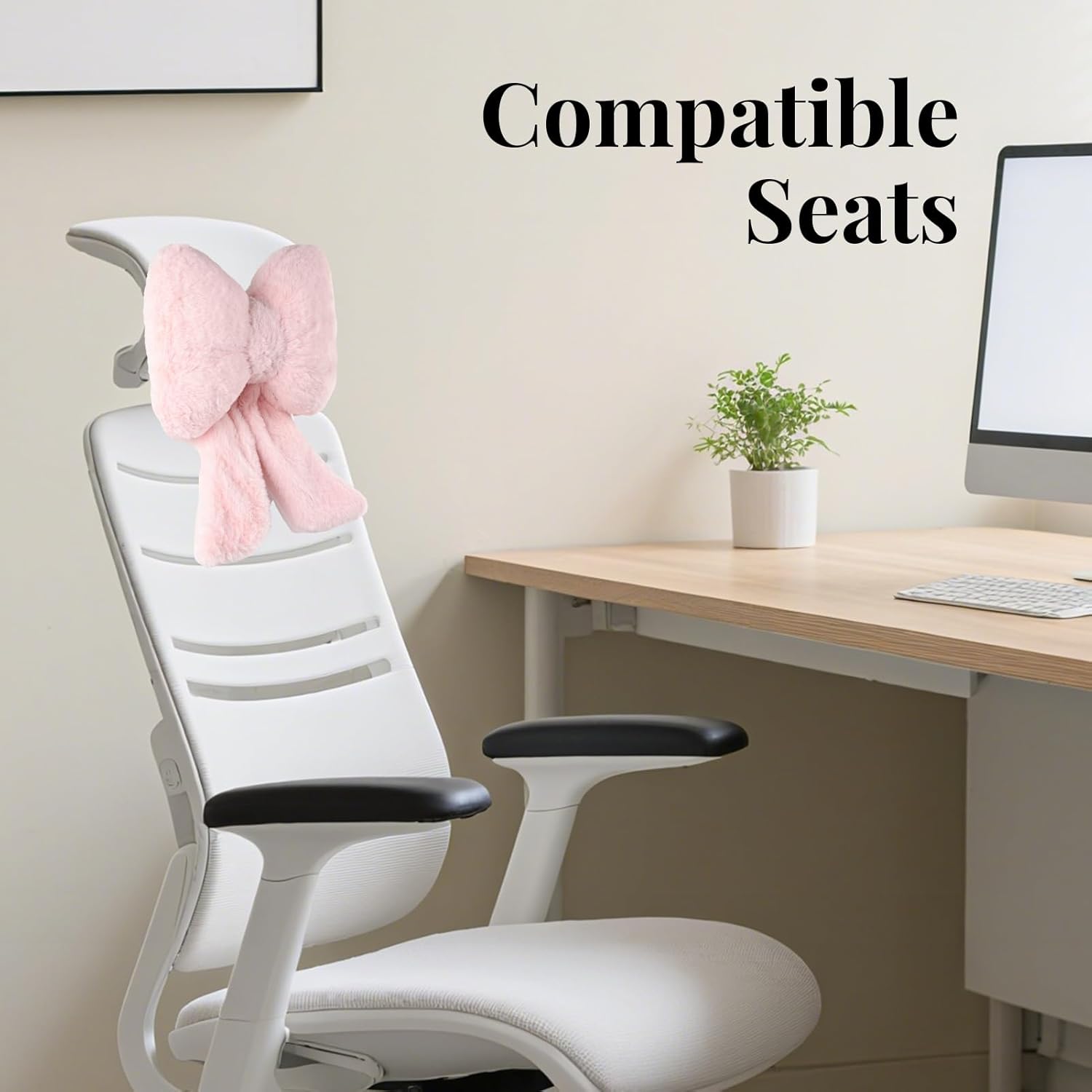 2 Pack Bow Car Headrest Pillows Plush Neck Pillows for Travel Driving Office Chair Head Support Cushions, Also Cute Car Decor Accessories for Women Pink