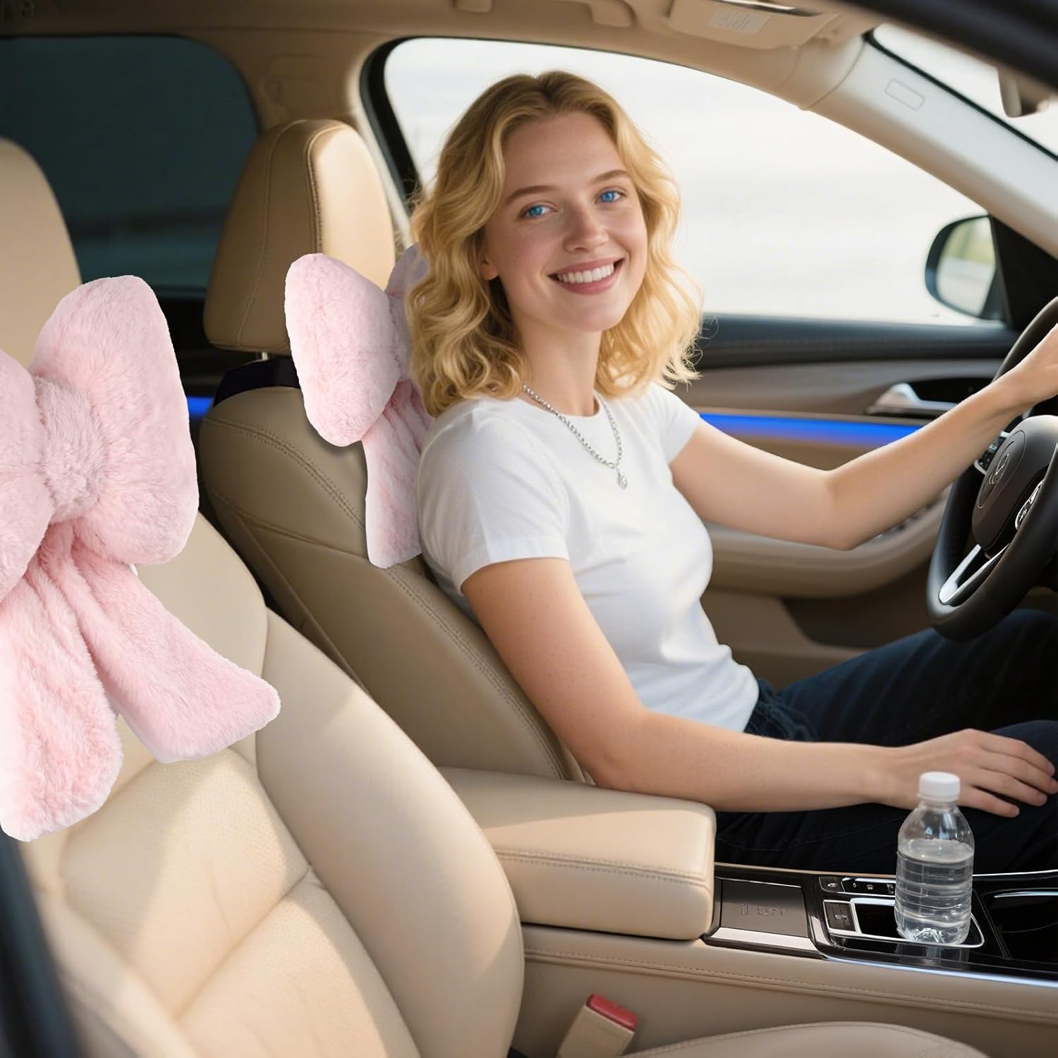 2 Pack Bow Car Headrest Pillows Plush Neck Pillows for Travel Driving Office Chair Head Support Cushions, Also Cute Car Decor Accessories for Women Pink