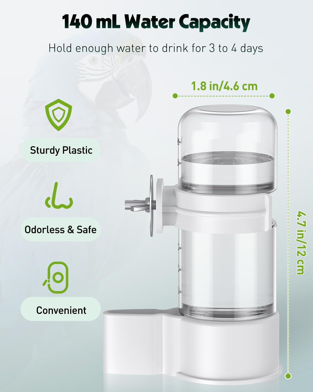 Bird Water Dispenser, Automatic Water Feeder, Plastic Cage Water Dispenser, White Parrot Waterer for Small Parakeet Cockatiel Budgie Lovebirds Not Fit for Food Feeding