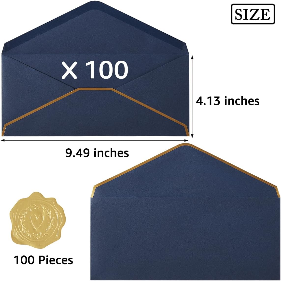 100 Pack #10 Business Envelopes with Gold Border, Self Seal Standard Envelopes with Gold Stickers for Office, Checks, Letter Mailing, Invoices, 4 1/8 x 9 1/2 Inches Navy Blue