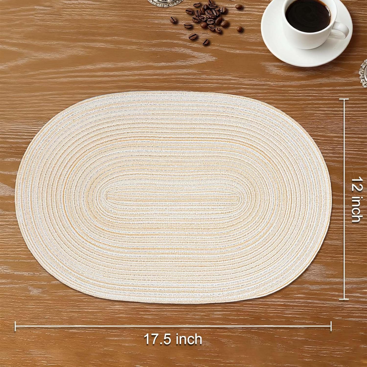 Oval Braided Placemats Set of 6 Woven 12x17.5 Inch Non Slip Washable Heat Resistant Place Mats Round Tablemats for Dining Kitchen Party Daily Table Decor Dinner Mats Beige, 6