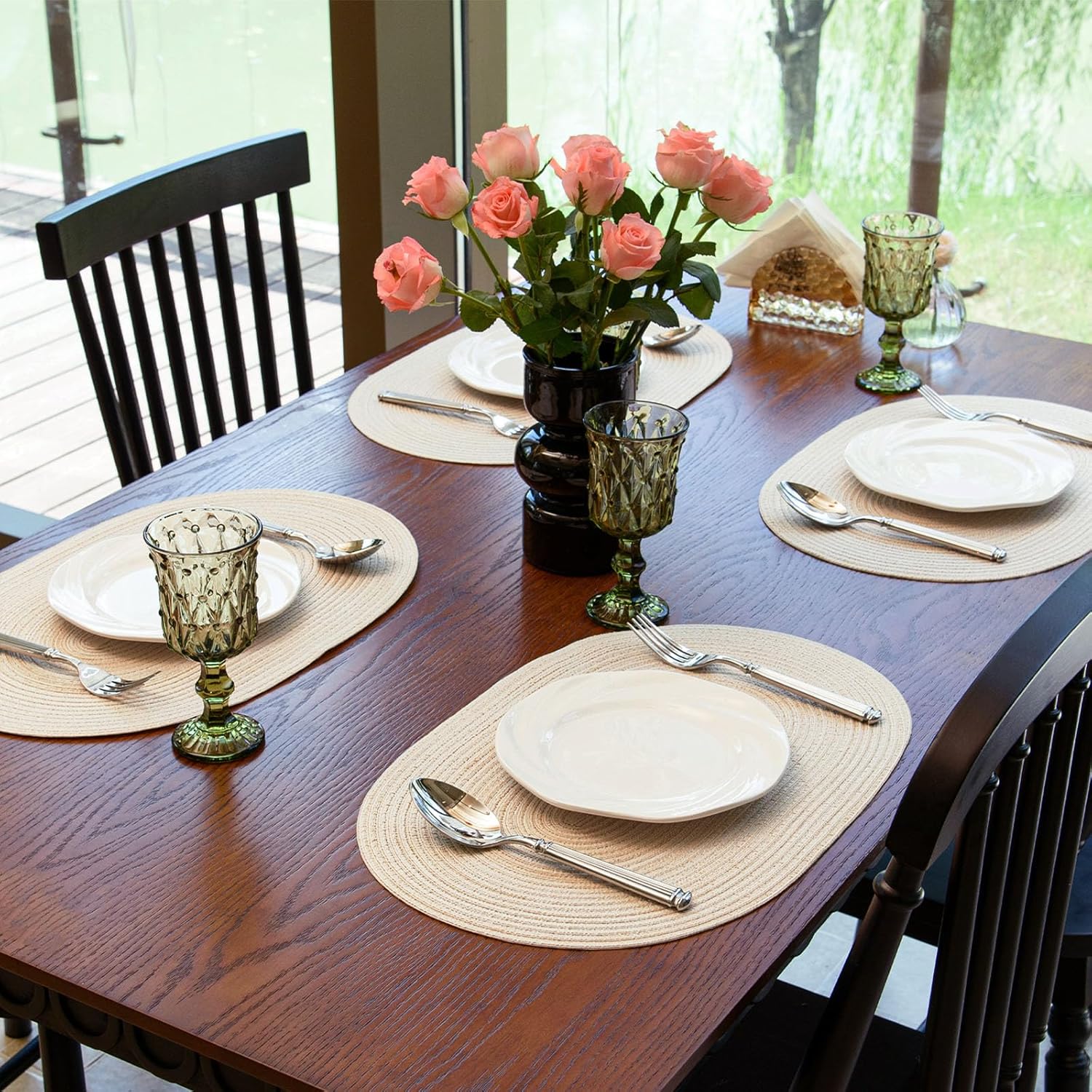 Oval Braided Placemats Set of 6 Woven 12x17.5 Inch Non Slip Washable Heat Resistant Place Mats Round Tablemats for Dining Kitchen Party Daily Table Decor Dinner Mats Beige, 6