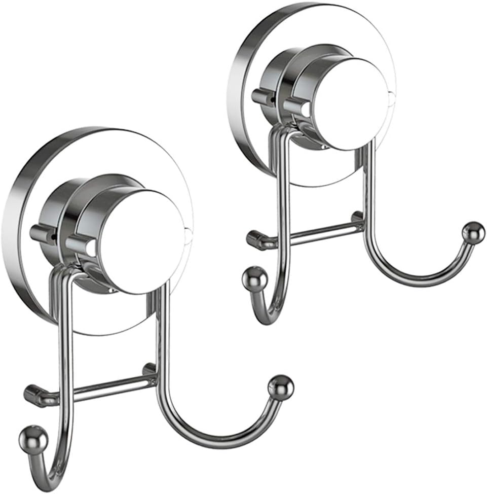 Suction Cup Hooks for Shower, Bathroom, Kitchen, Glass Door, Mirror, Tile – Loofah, Towel, Coat, Bath Robe Hook Holder for Hanging up to 15 lbs – Rustproof Chrome Stainless Steel 2-Pack