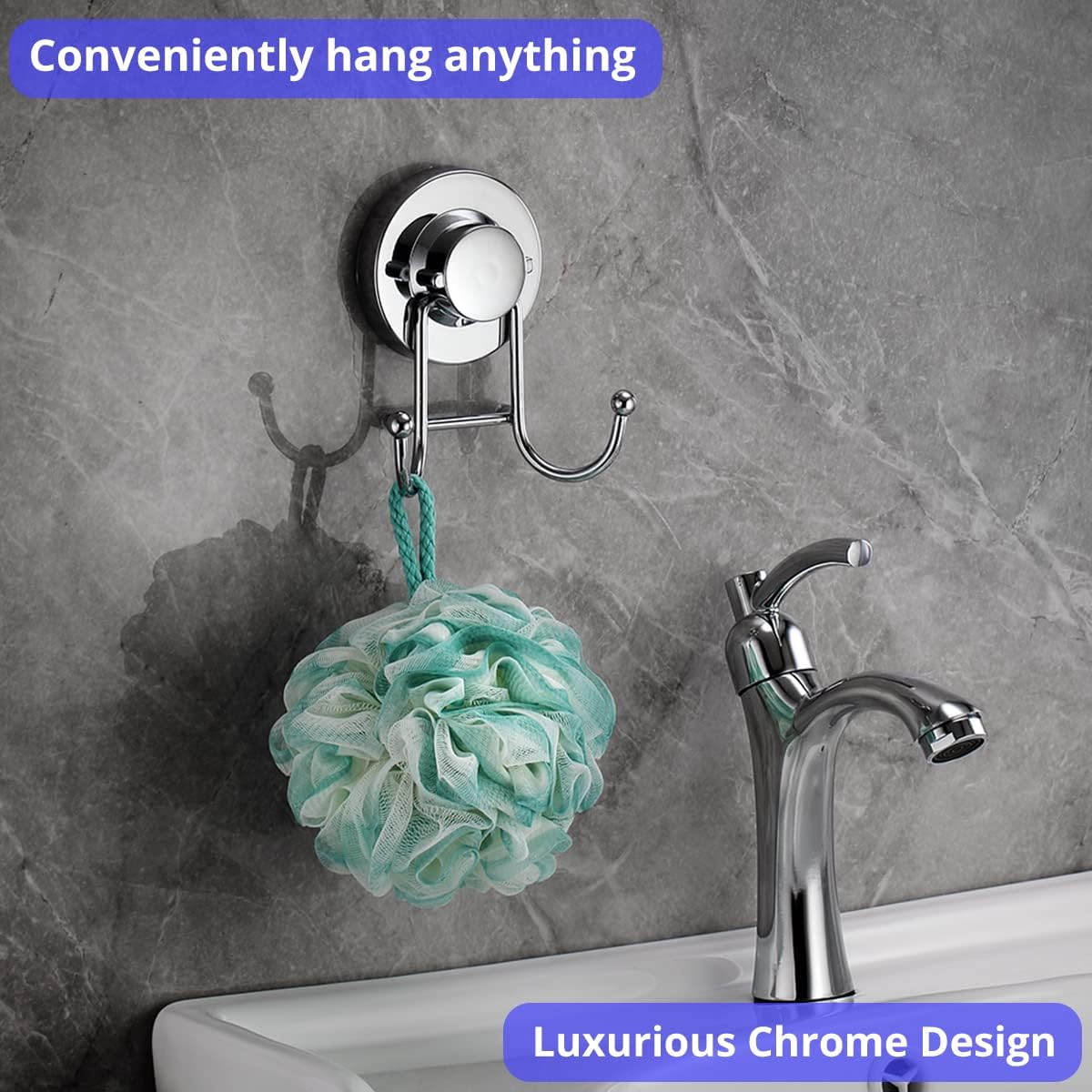 Suction Cup Hooks for Shower, Bathroom, Kitchen, Glass Door, Mirror, Tile – Loofah, Towel, Coat, Bath Robe Hook Holder for Hanging up to 15 lbs – Rustproof Chrome Stainless Steel 2-Pack